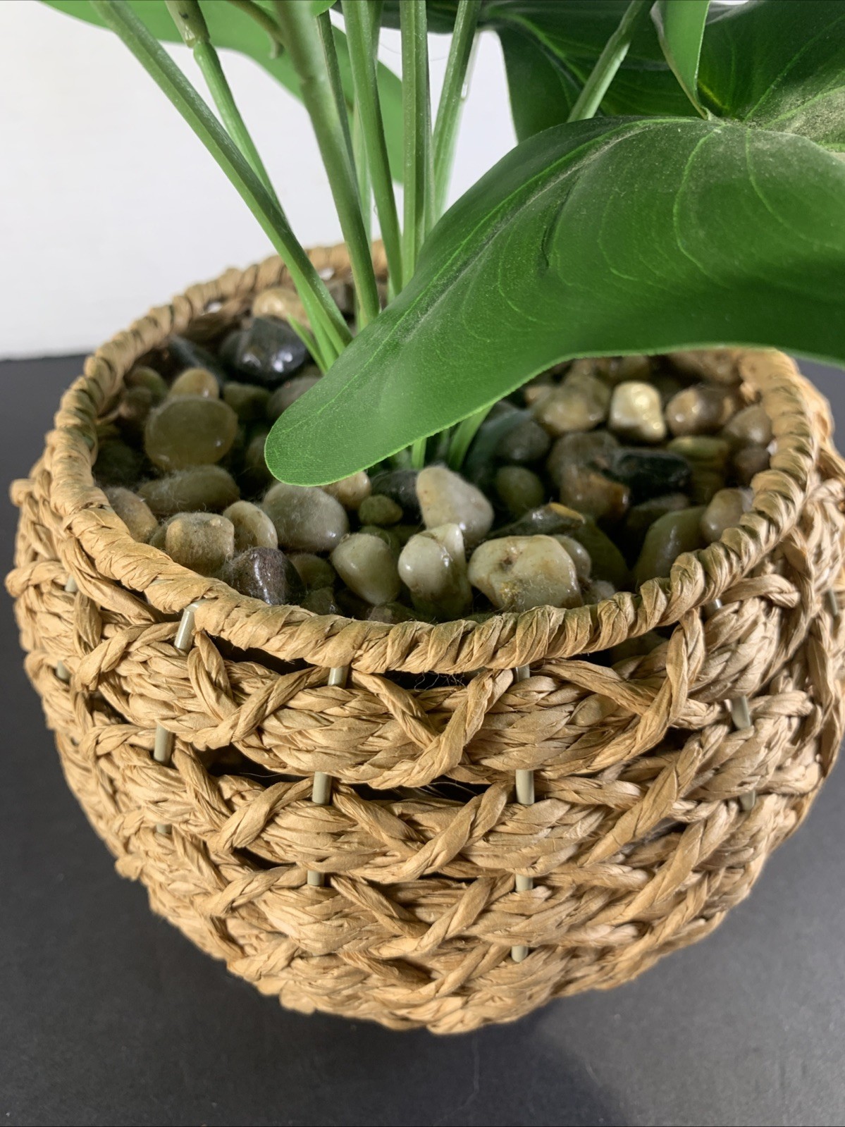Faux Tropical Sweetheart Plant Seagrass Woven Planter Alocasia River Rock 12”