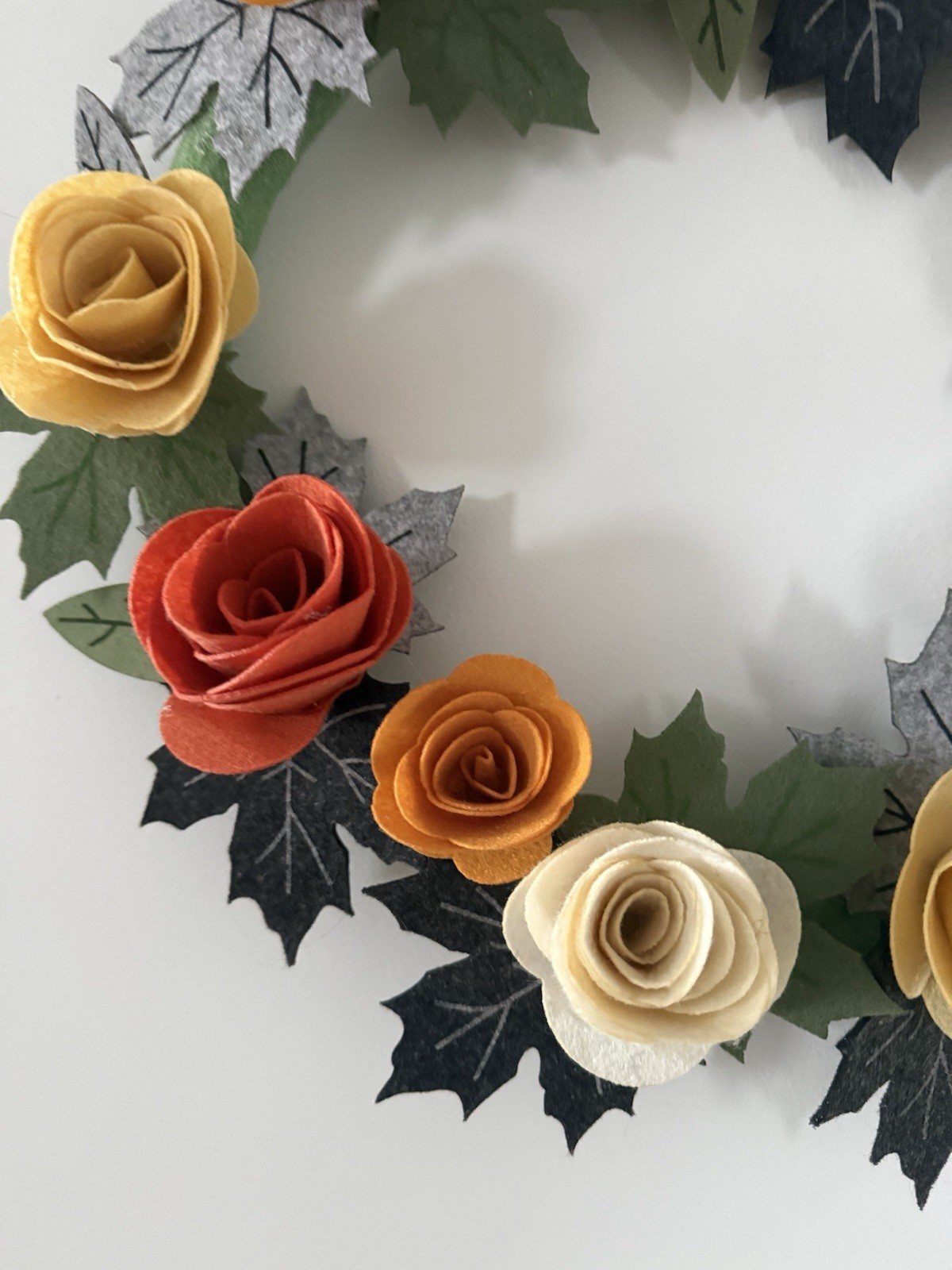 Handmade Felt Roses & Leaves Wreath Approx 18” Round Orange Yellow Peach Greens
