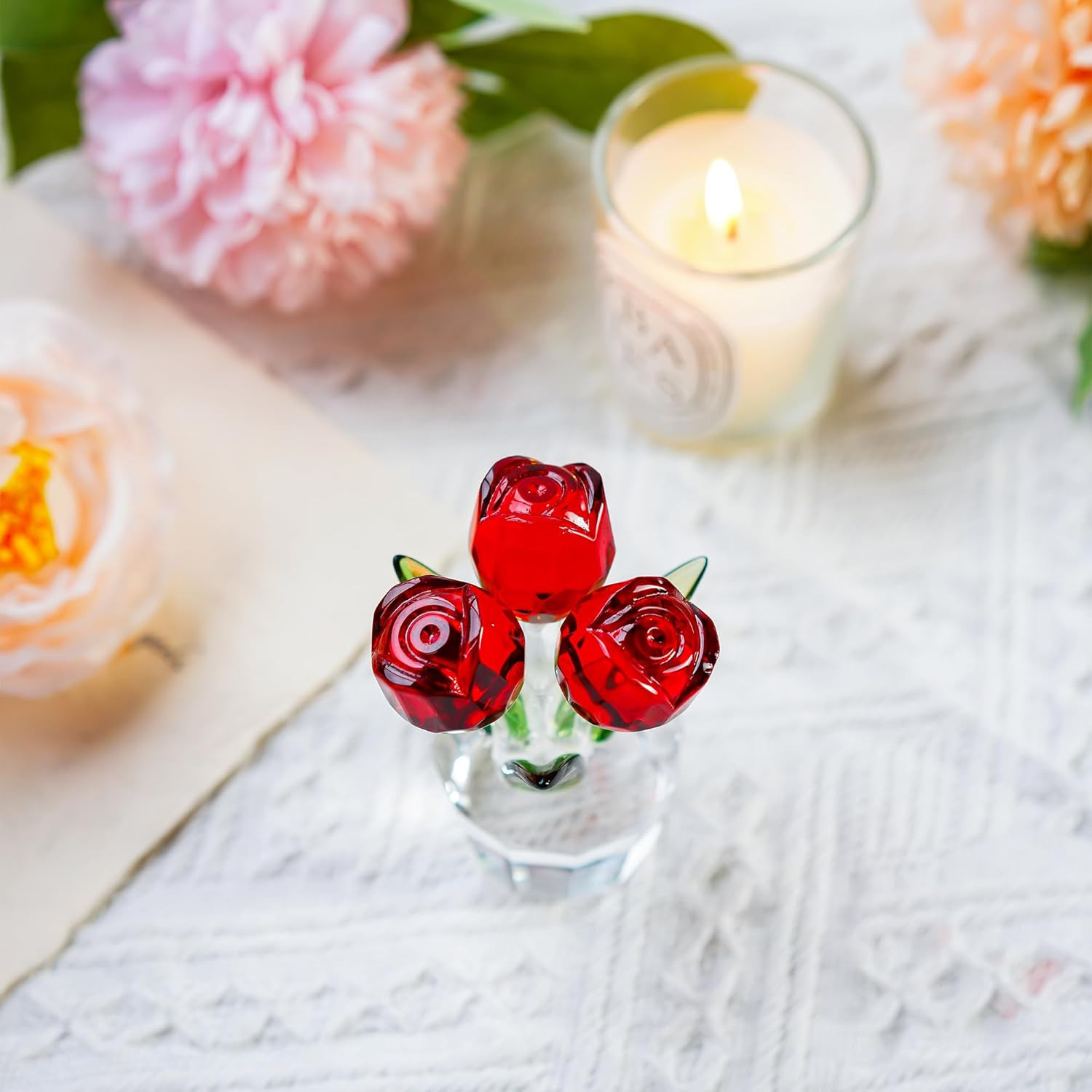 3.2 * 2In Handmade Crystal Red Rose Bouquet Figurine Romantic Rose Flower Gifts