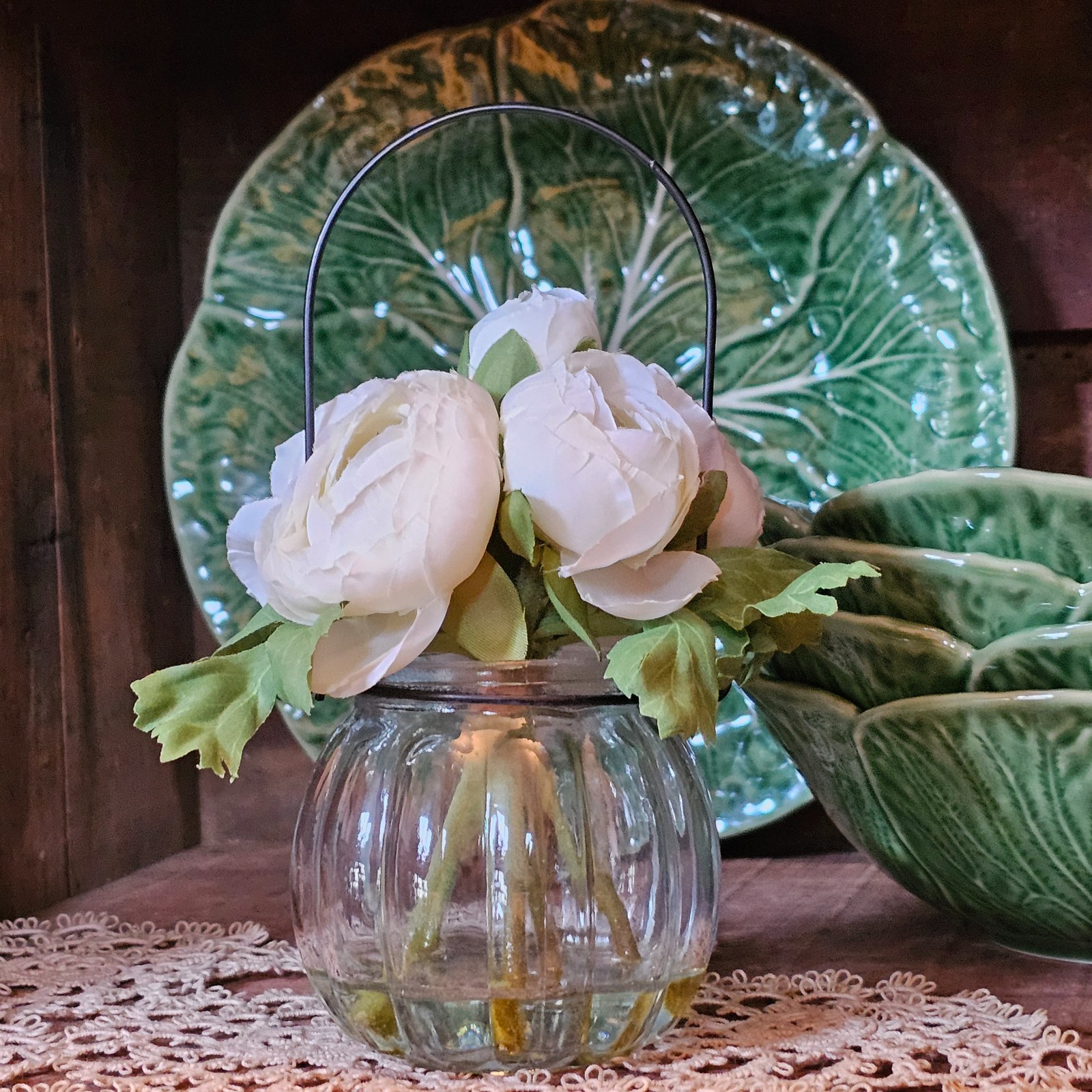White Ranunculus in a Vase with fake water, Spring Tabletop Decor, Artificial