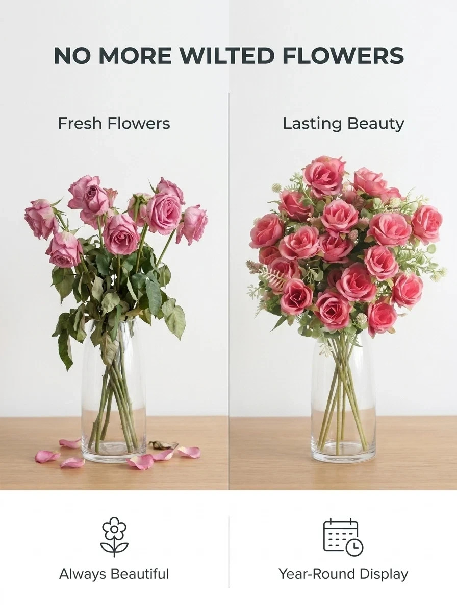 Artificial Rose Bouquet Set of 3 Pink Silk Flowers Wedding Home Decor 12in