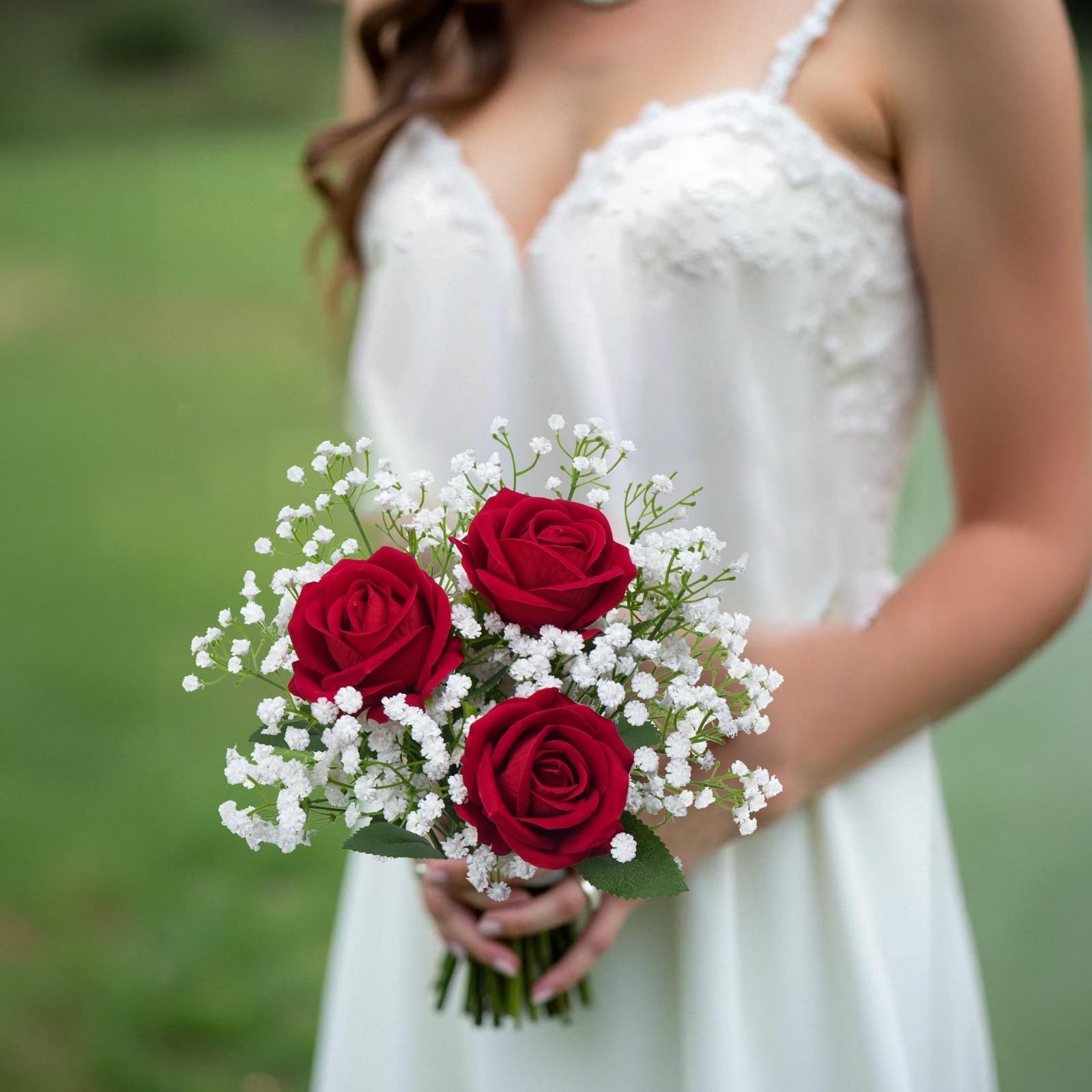 Red Velvet Roses With Faux Baby’s Breath Artificial Flower Arrangement Decor