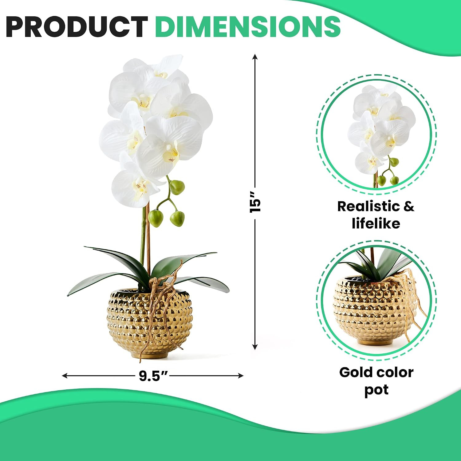 Orchids Artificial Flowers, 15″ Faux Orchid in Gold Flower Pot Real Touch Flower
