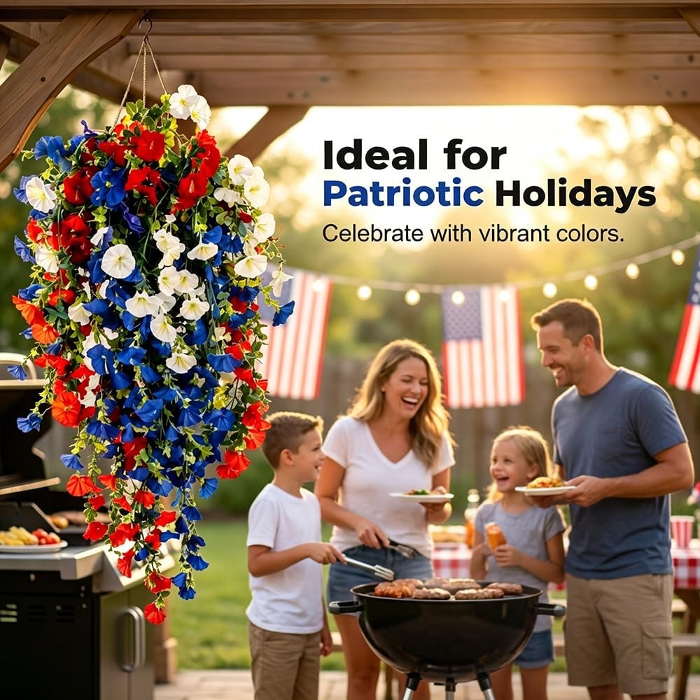 2026 Red White Blue Hanging Flowers Patriotic Faux Basket 4th July Porch Decor