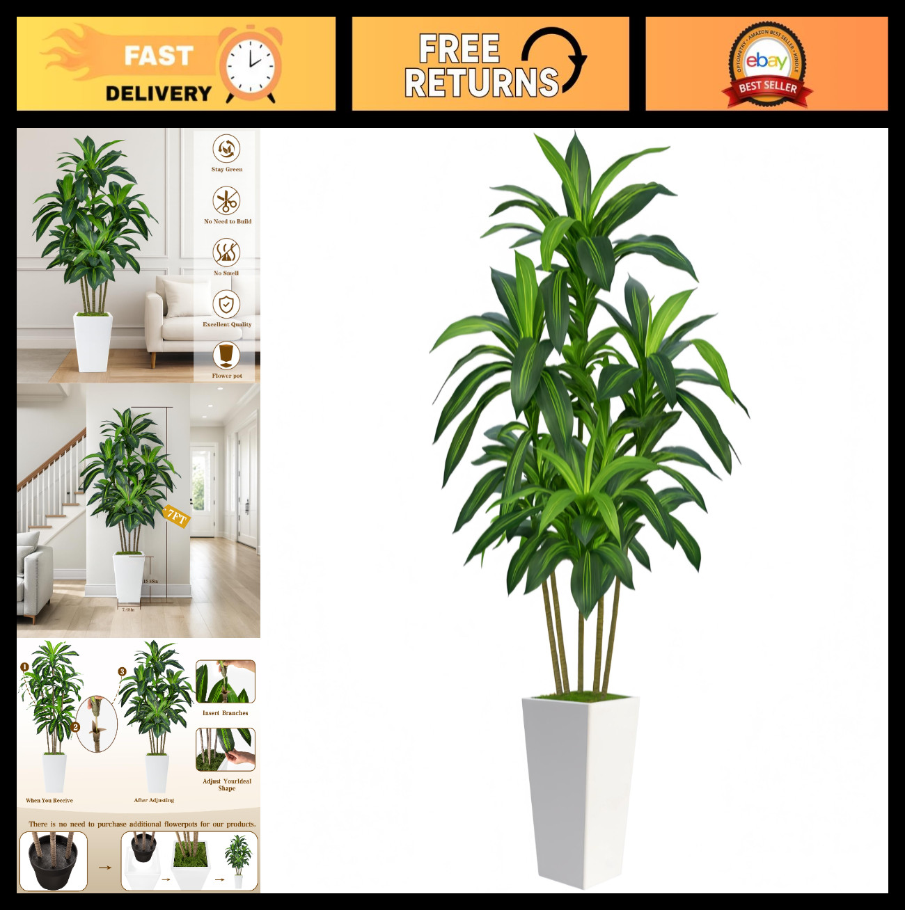 7FT Artificial Dracaena Tree – Indoor Fake Plant with White Tall Planter, Home O