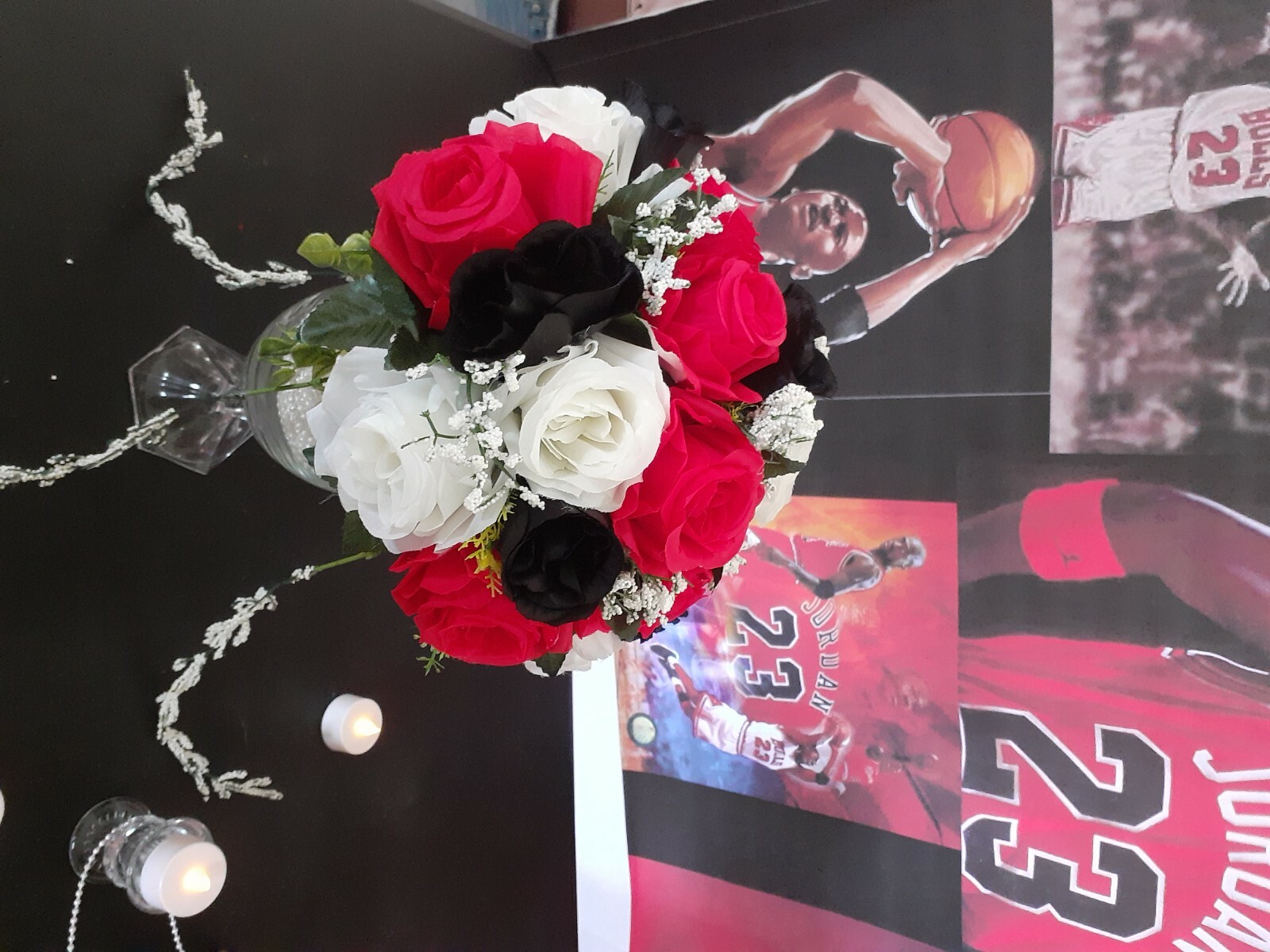 Black and red roses centerpiece 