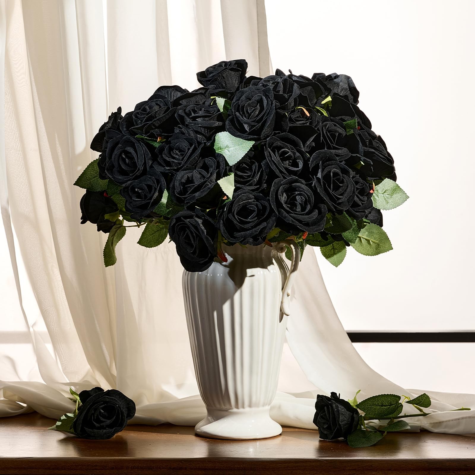 48 PCS Black Roses Velvet Realistic Artificial Flowers with Bendable Stems fo…
