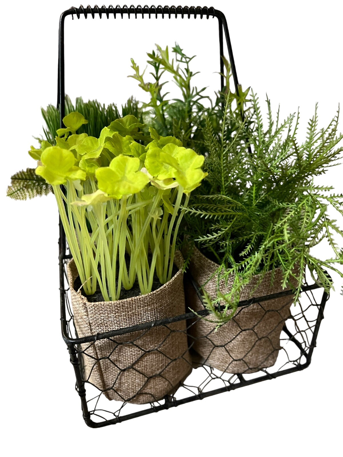 6 Artificial Plants In Burlap Containers Within A Metal Chicken Wire Carrier