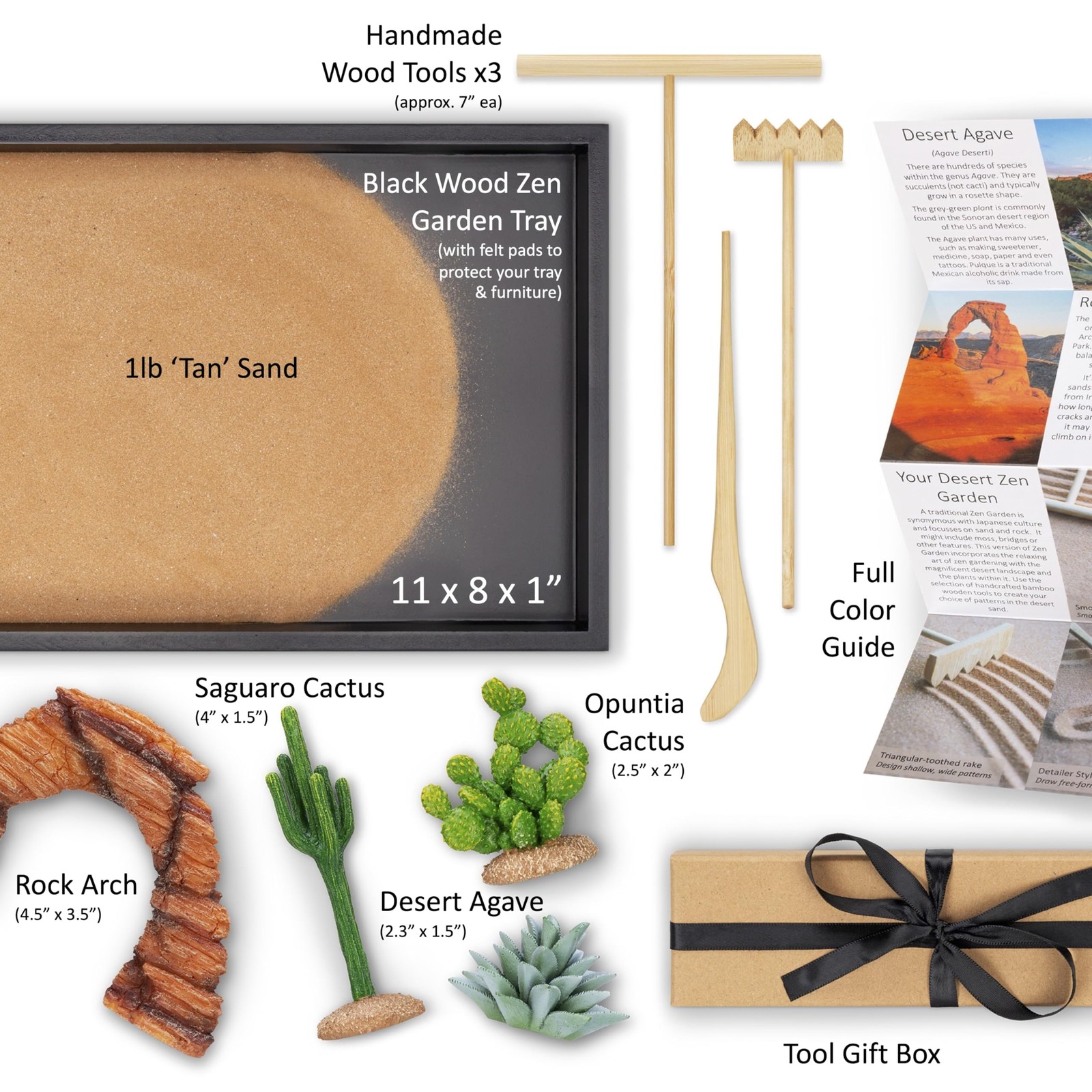 Desert Zen Garden Kit. Premium Home Cactus Decor. 11×8 Sand Tray. 4 Artificia…