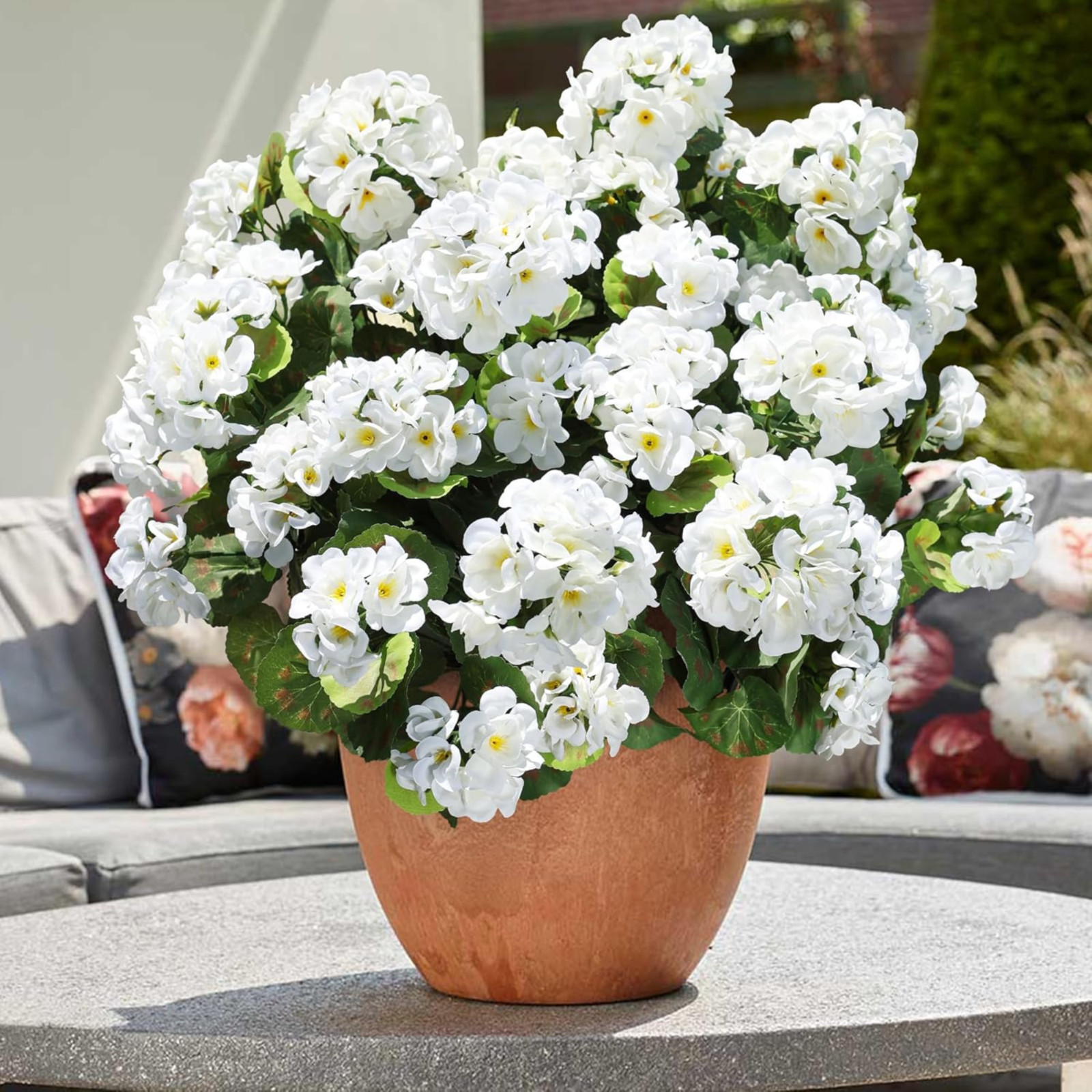 6 Bundles Artificial Geranium Flowers UV Resistant Faux Plants White Decor