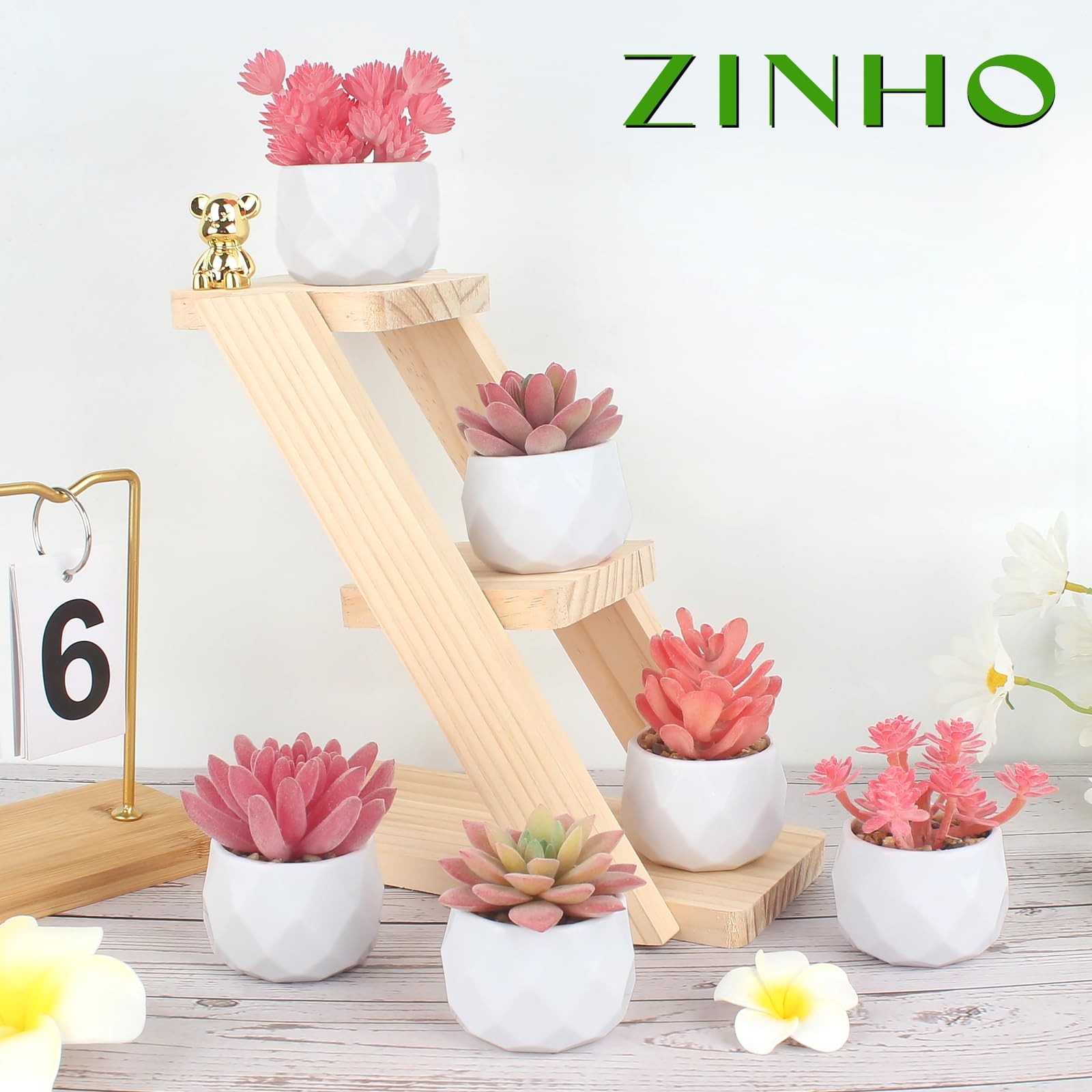 6 PCS Fake Succulent Plant Set Colorful Faux Succulents Plastic Pots Pink