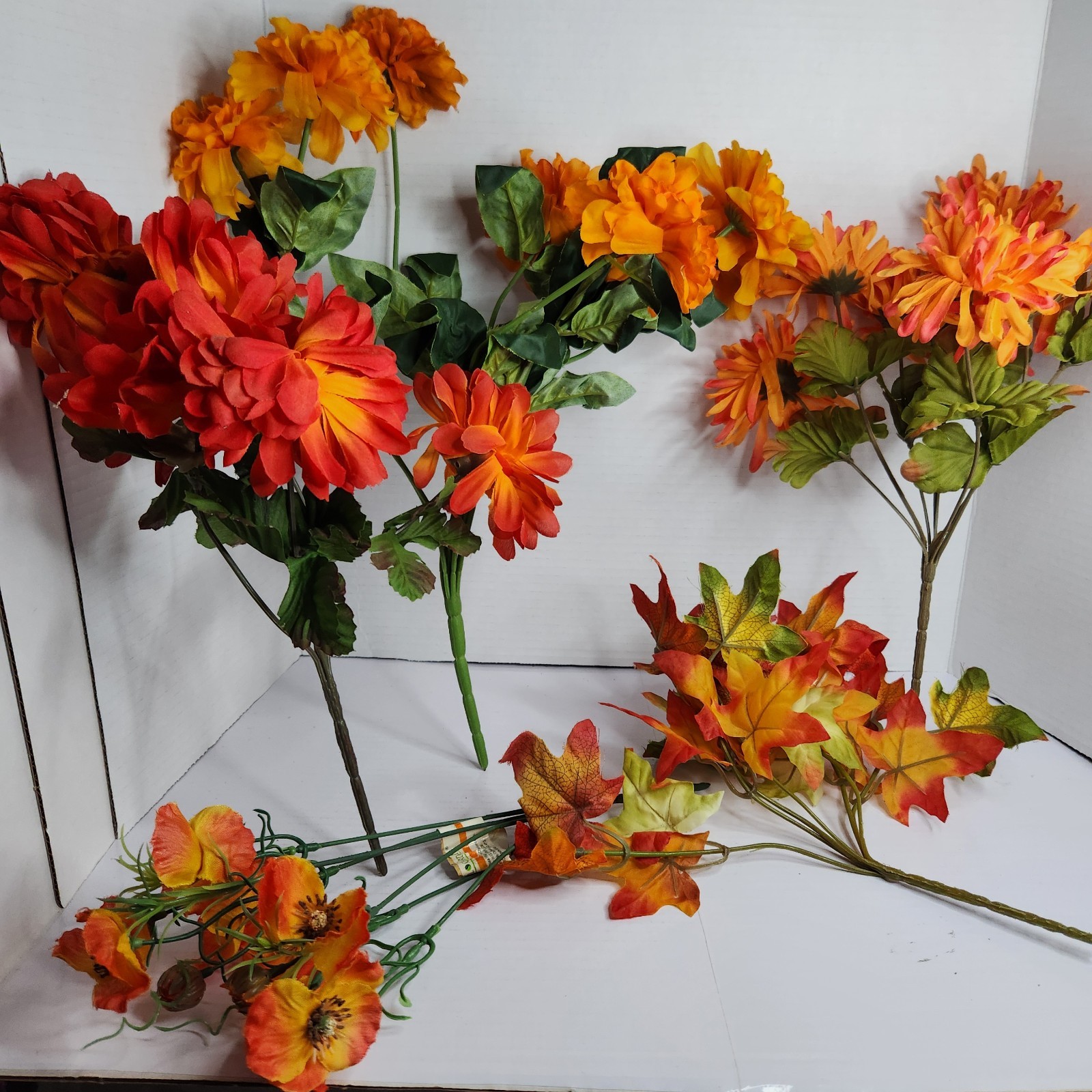 Artificial Fall Flowers Lot Orange Daisy Maple Leaves Autumn Decor Floral Stems