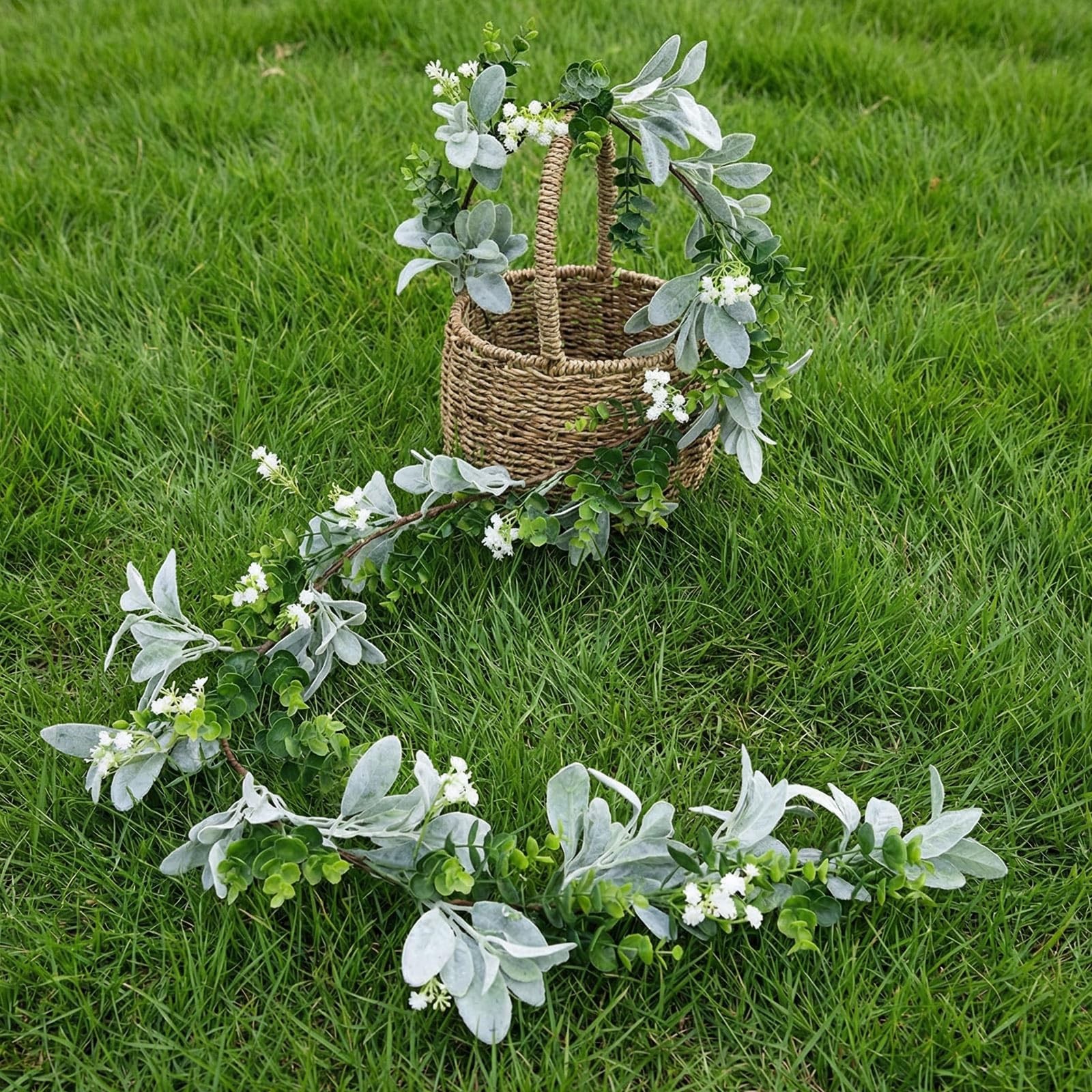 6 ft Artificial Eucalyptus Garland and Flocked Lambs Ear with Daisy Flower, E…