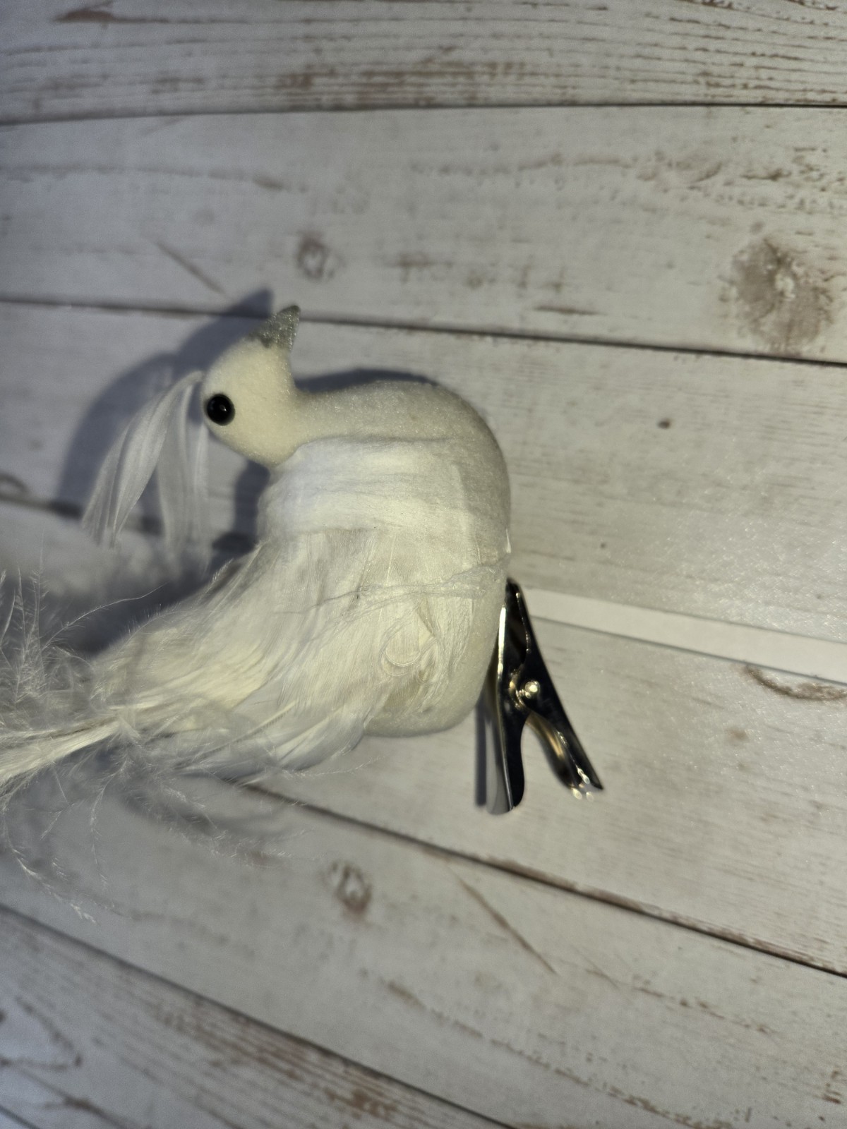 5~Artificial White Peacock Bird Glitter Gems Feather Decoration Hang or Clip-On
