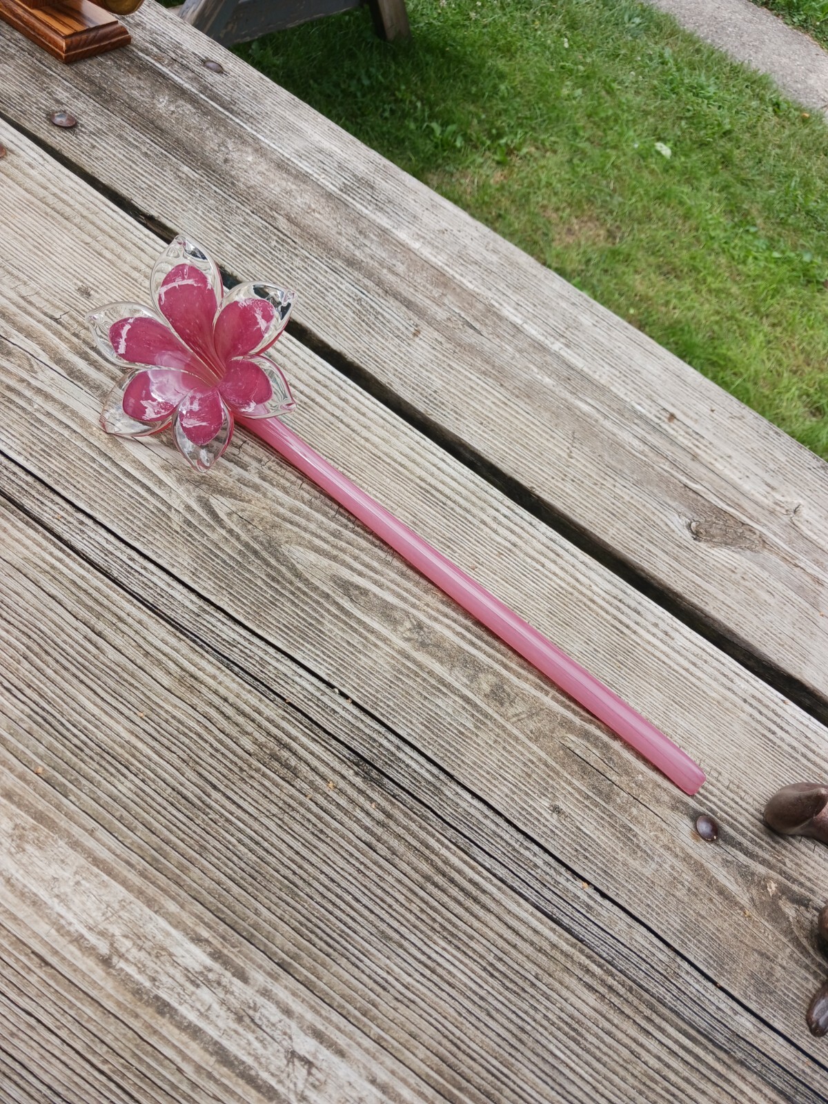 Large 17″ Blown Glass Pink Flower One Petal Chipped