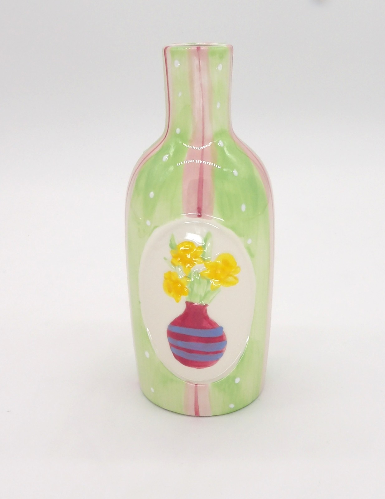 Green and Pink Striped Bud Vase with Daffodils 7″ Spring Decor