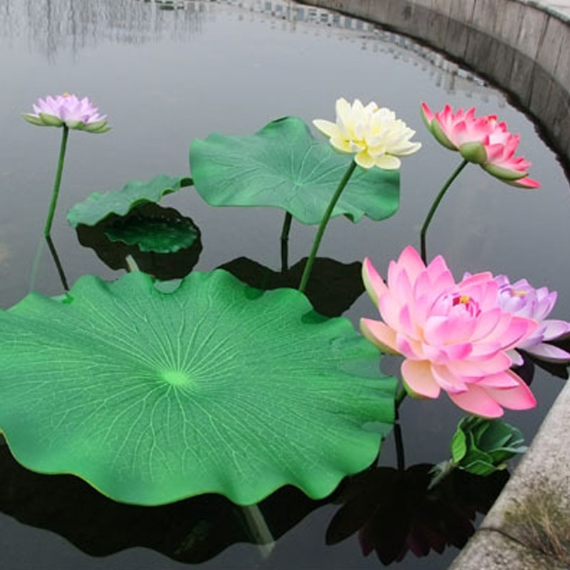 Artificial Fake Flower Lotus Water Lily with Rod Plants Garden Pond Vase Decor
