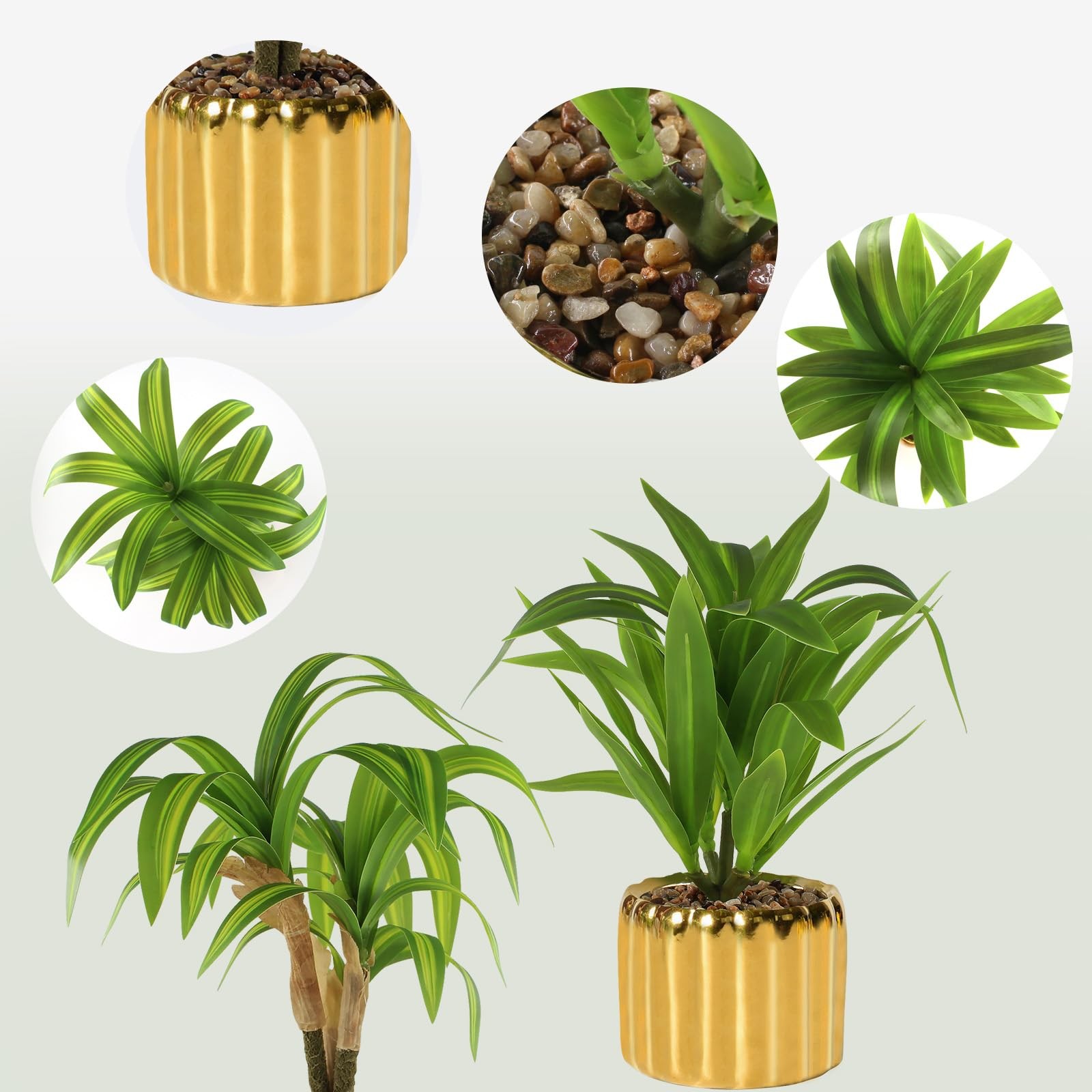 2 Pcs Artificial Dracaena Plant Golden Ceramic Pot Realistic Textured Faux Pl…