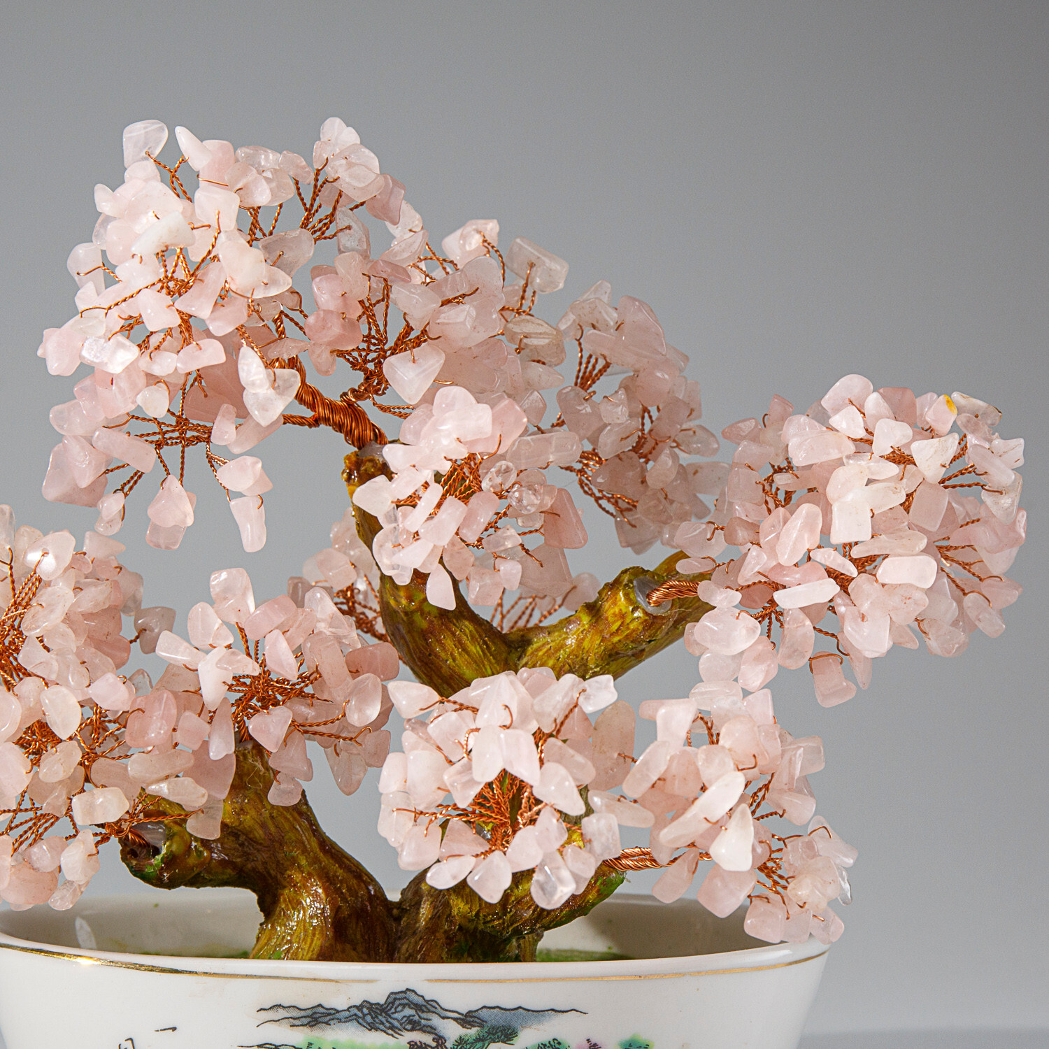 Genuine Rose Quartz Gemstone Bonsai Tree in Oval Ceramic Pot (7”)