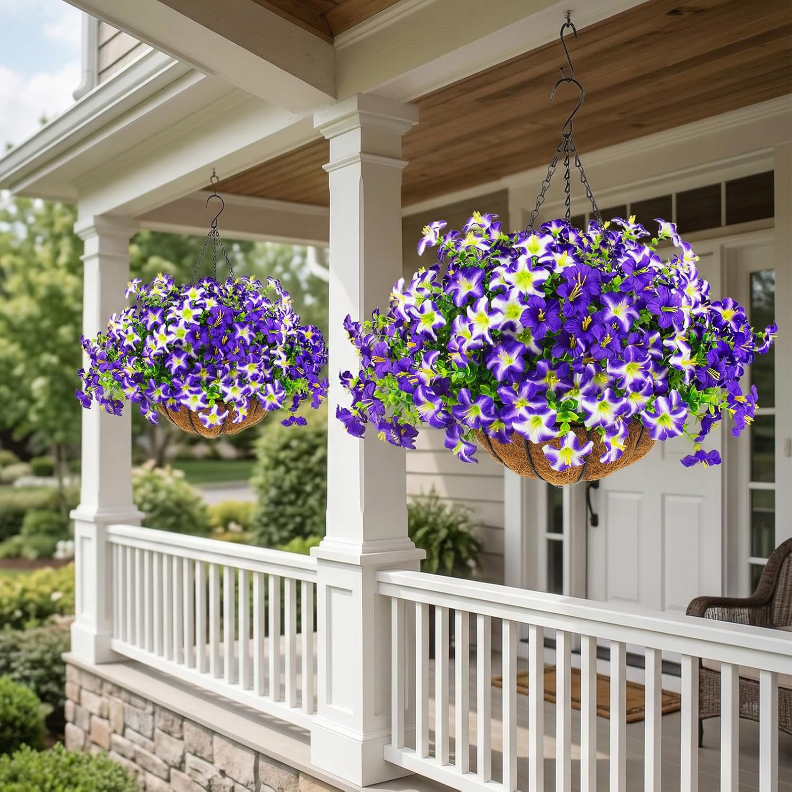 Artificial Petunias Flowers Set with Hanging Baskets UV Resistant Faux Purple