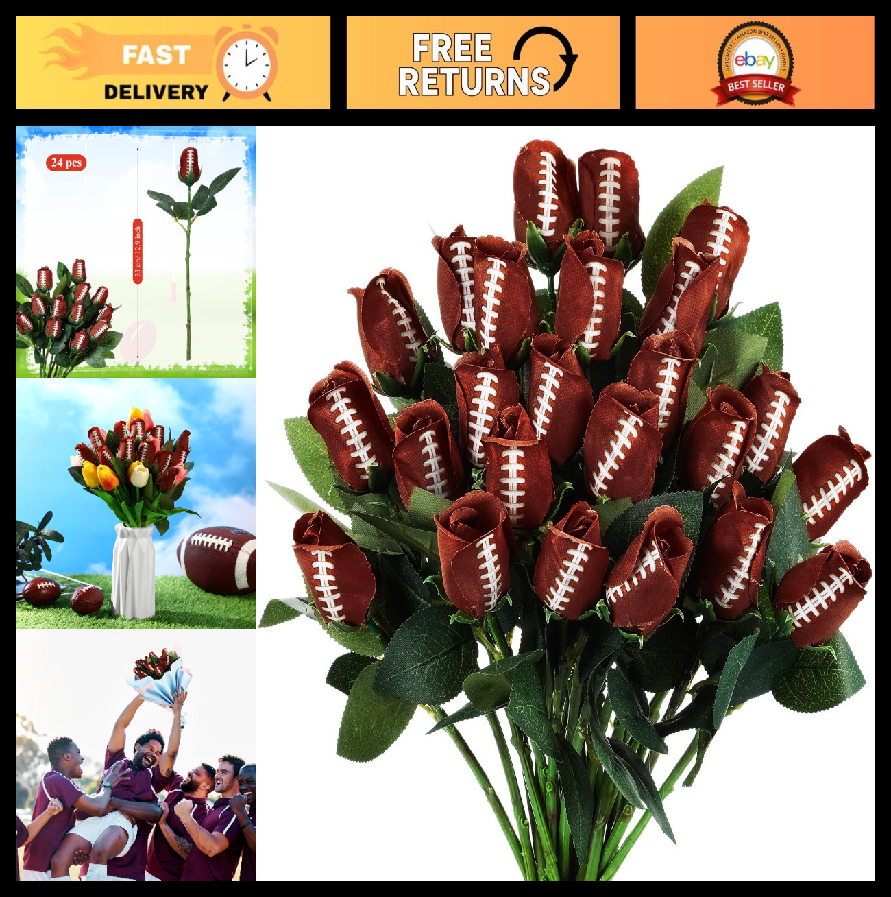 24 Pcs Artificial Football Roses – Sports Party Favors, Table Centerpieces, Game