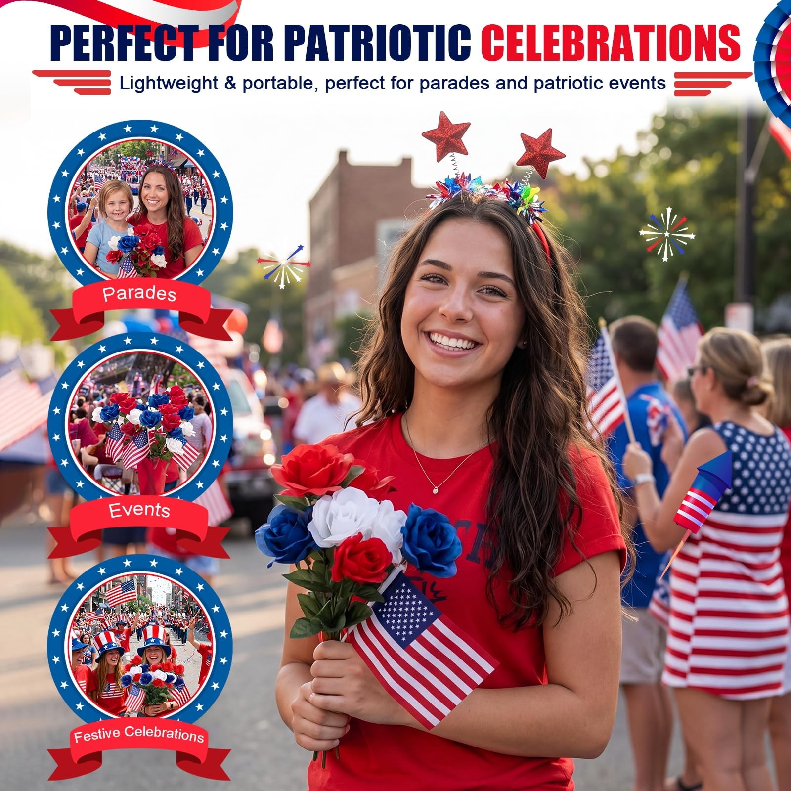 24 Bundles 4th of July Patriotic Artificial Flowers Bulk Red Blue and White F…