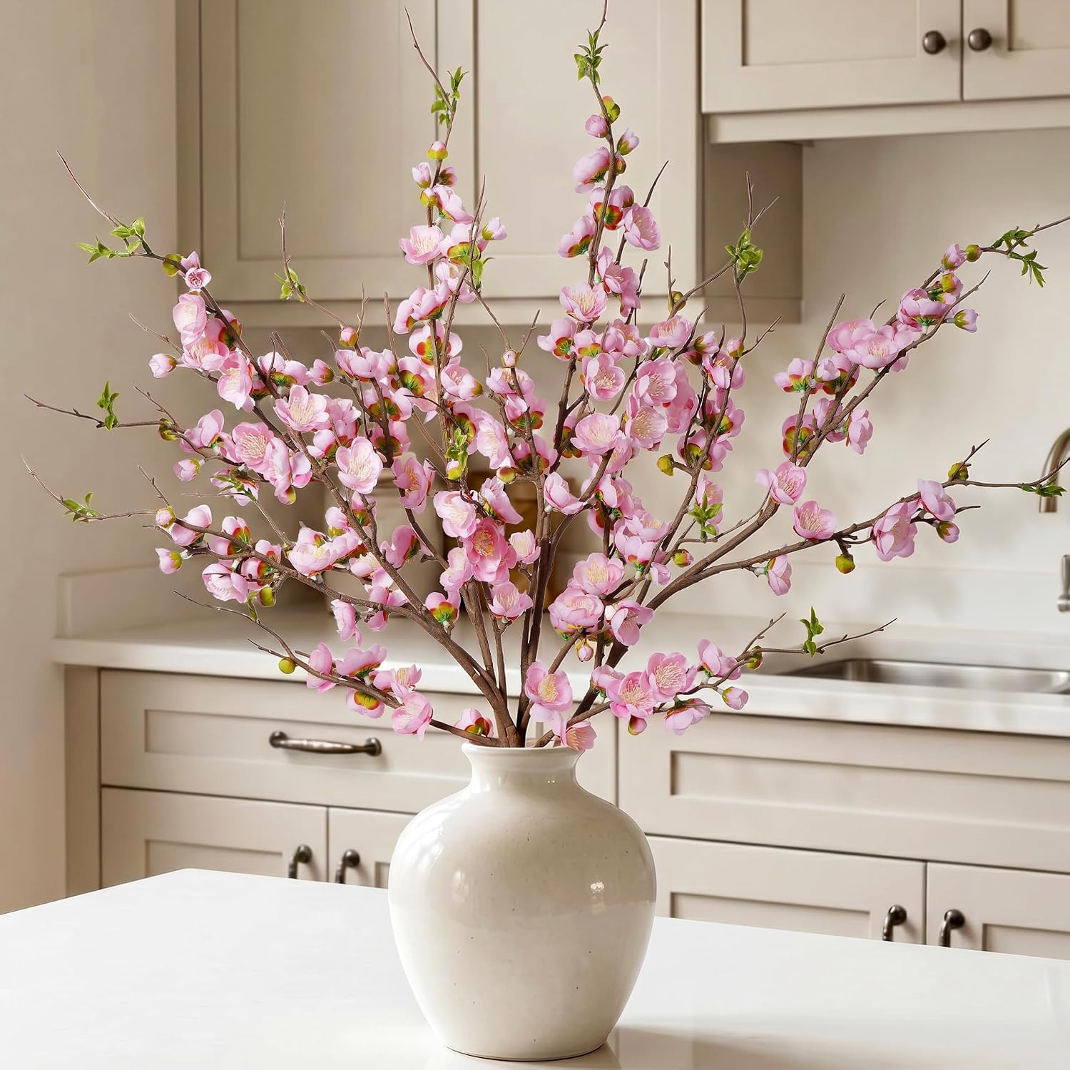 Pink Cherry Blossom Artificial Flowers – 4PCS 35.4” Long Stem Decor
