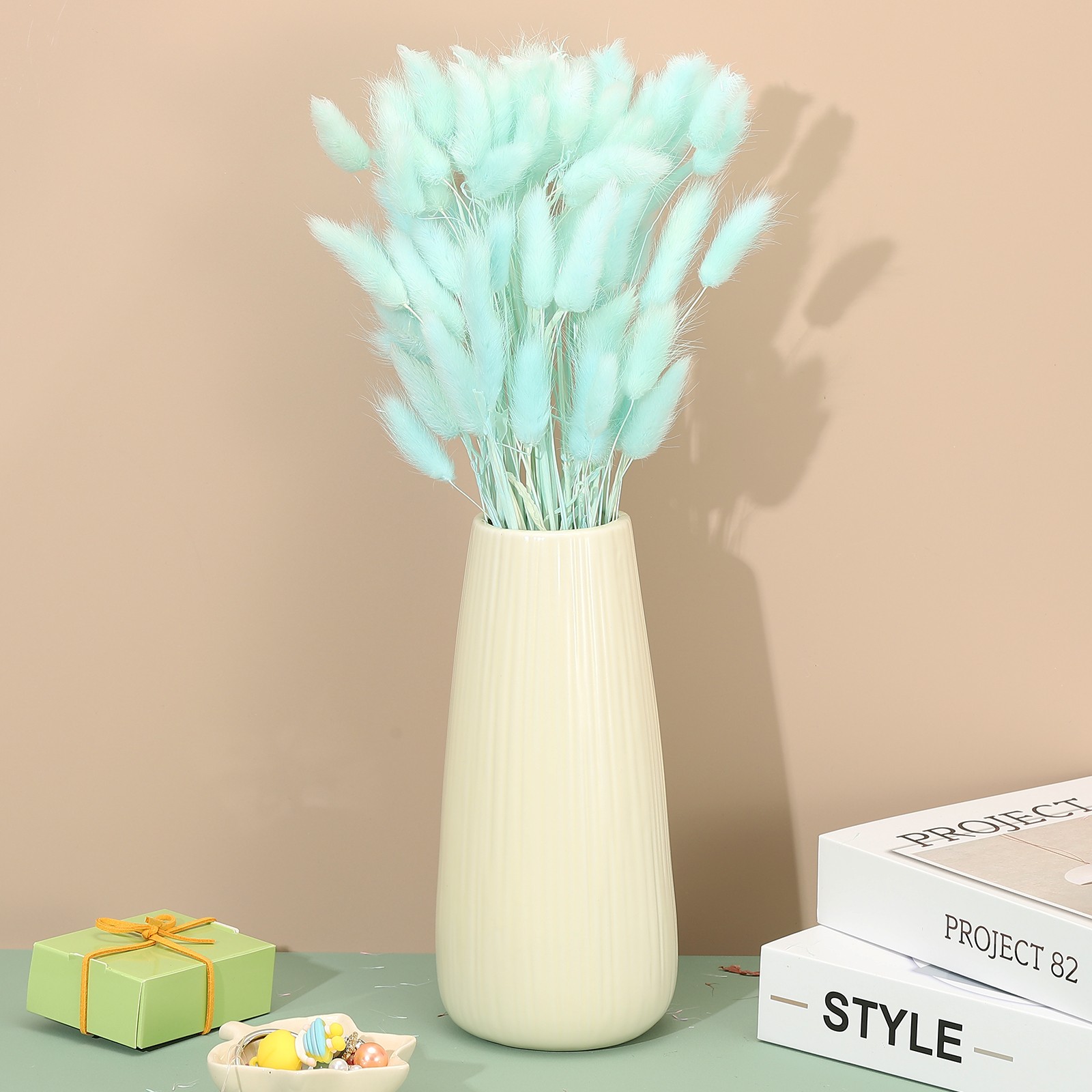 15.7in Bunny Tails Dried Flowers,80pcs Pampas Grass Decor Rabbit Tail,Light Blue