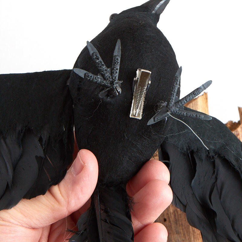 2 Black Feathered Flying 10″ Crow Birds with Attached Silver Clips