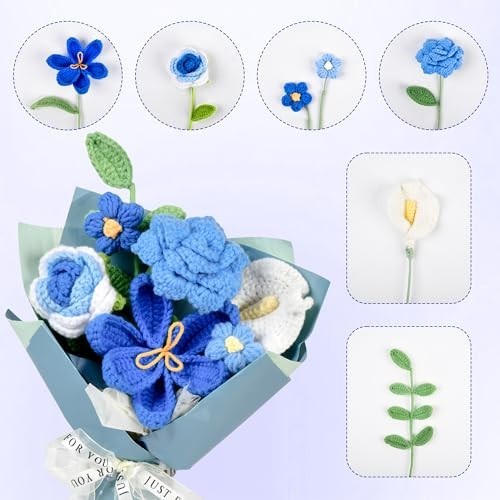 Handmade Crochet Flower Bouquet – Blue Floral Gift Set with Box, Bag & Card
