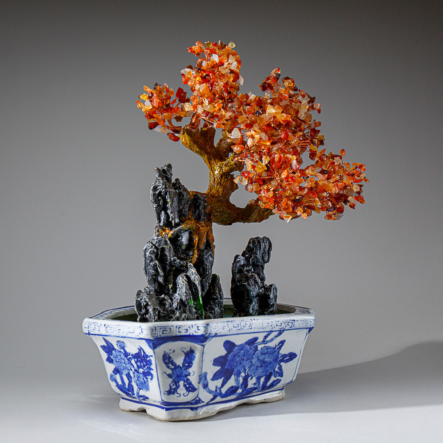 Genuine Carnelian Bonsai Tree in Square Ceramic Pot (13” Tall)