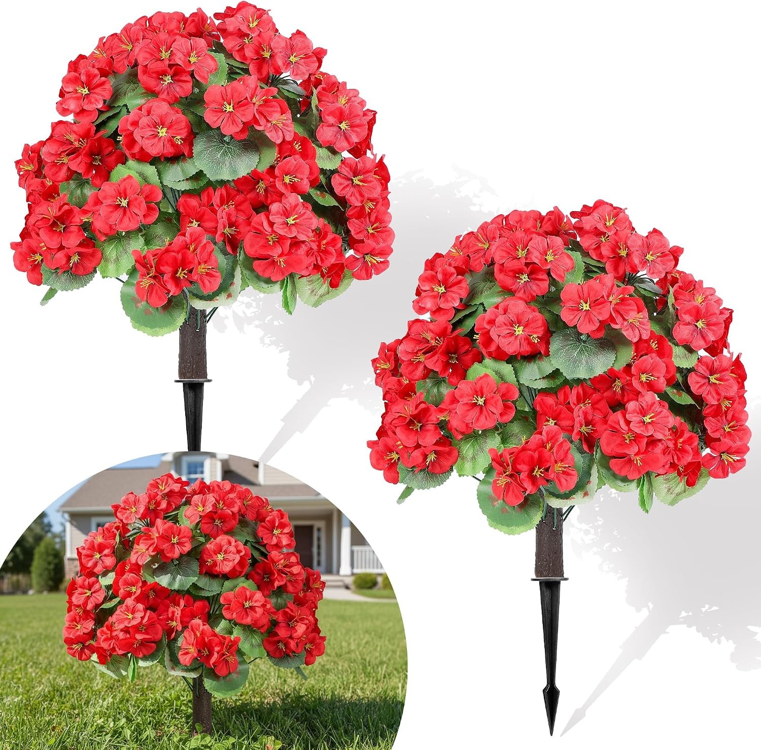 2 Set 24″ Artificial Geraniums with Stakes Outdoor, UV Resistant Artificial