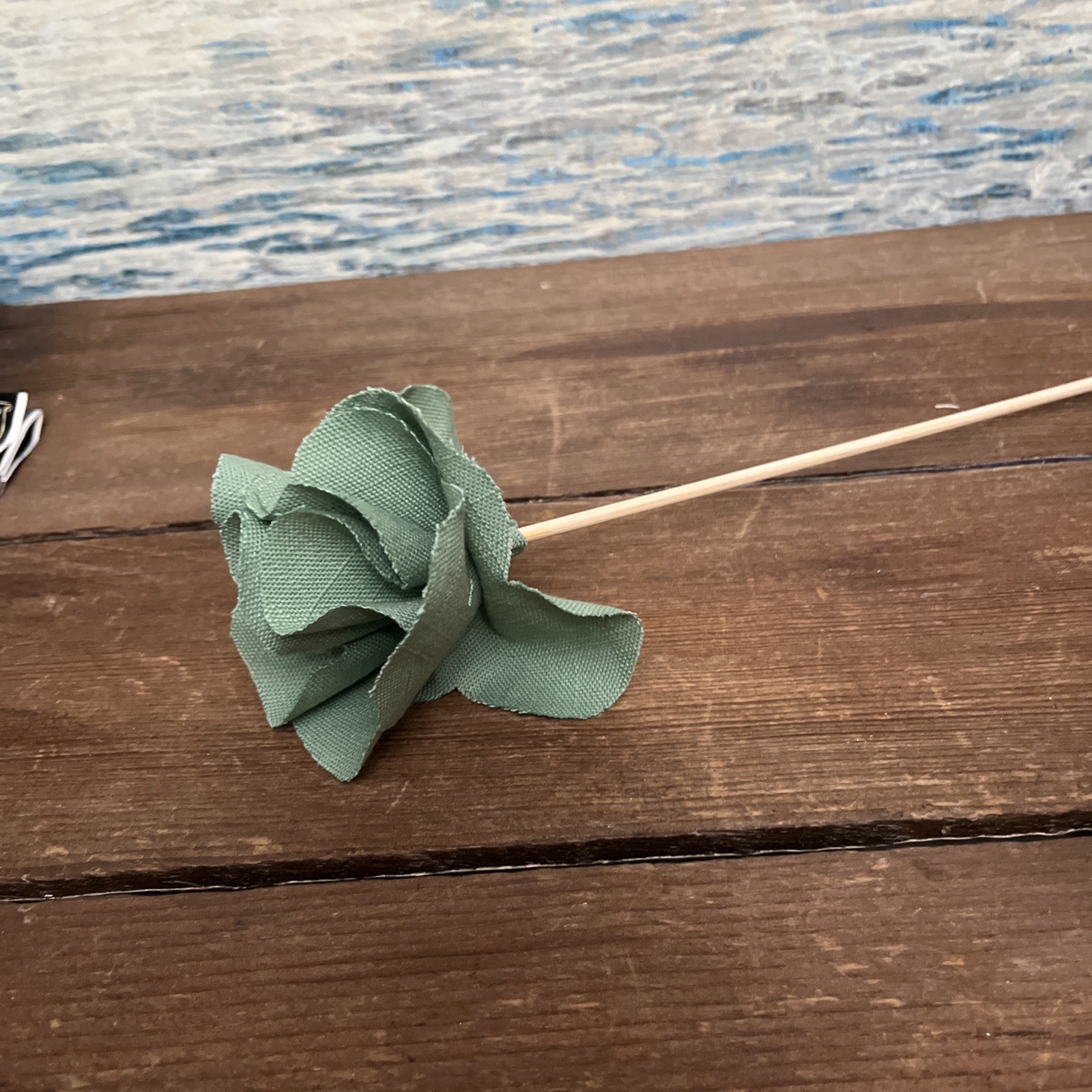 Flowers Handmade Green Fabric Set Of 10 Flowers. 12”-13” Long Vase Not Included