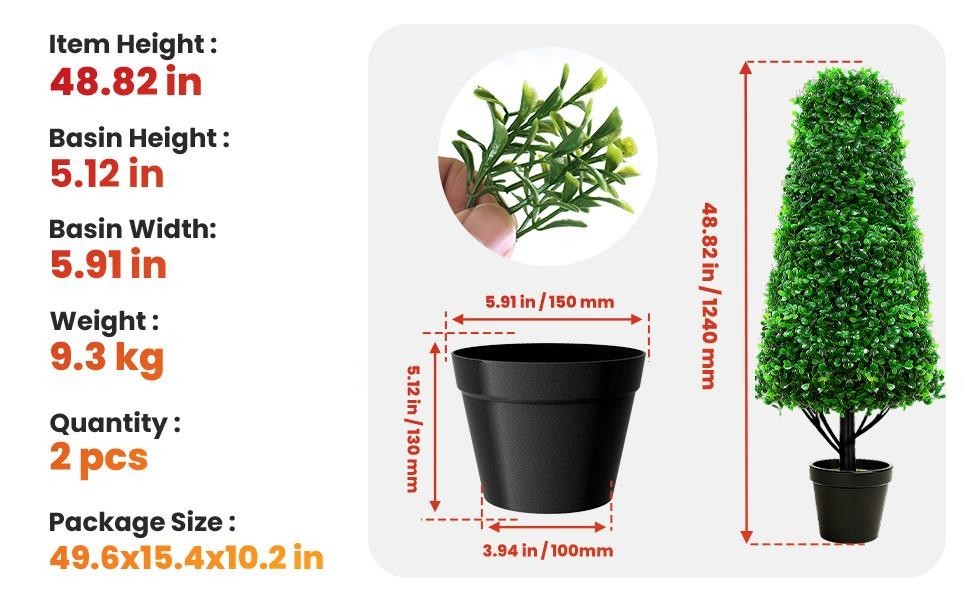 2PCS 4FT Fake Boxwood Topiary Trees Potted Plants with Black Planter for Home