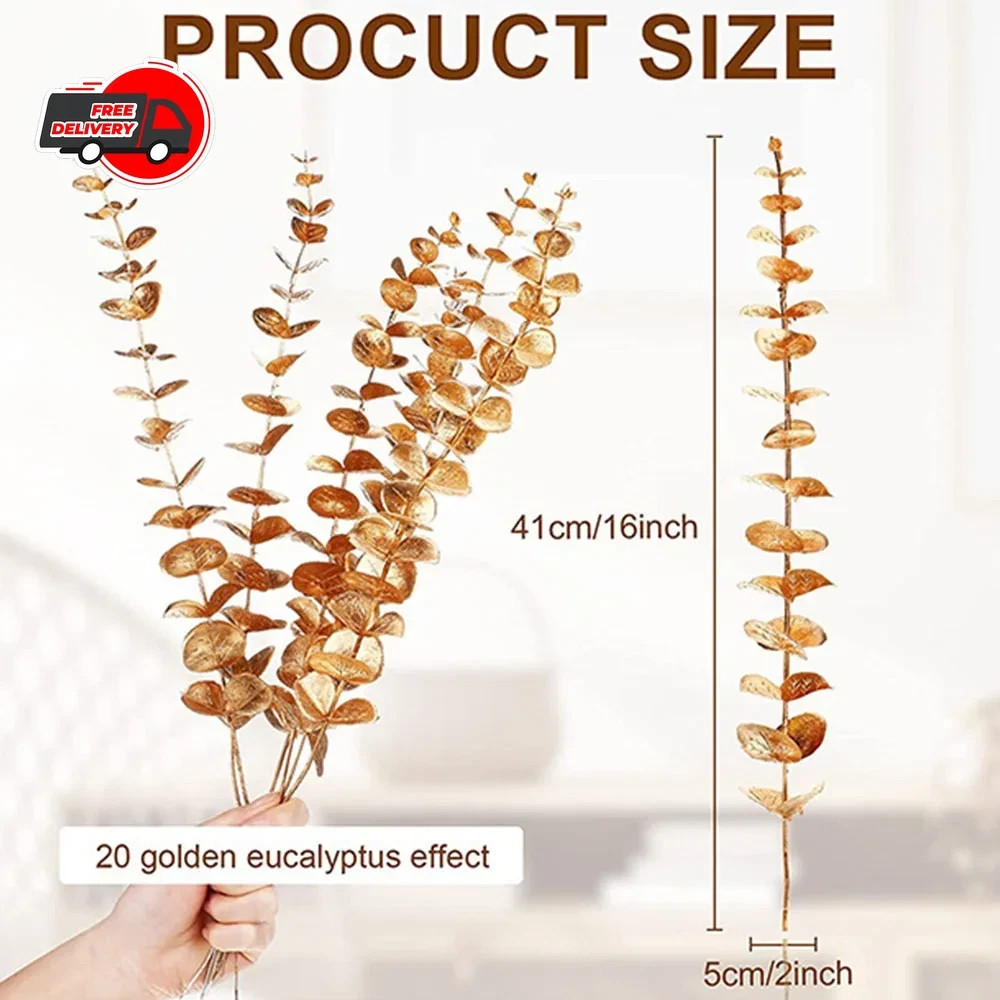 5PCS Gold Artificial Eucalyptus Eucalyptus Branch Stems Wedding Home Greenery De