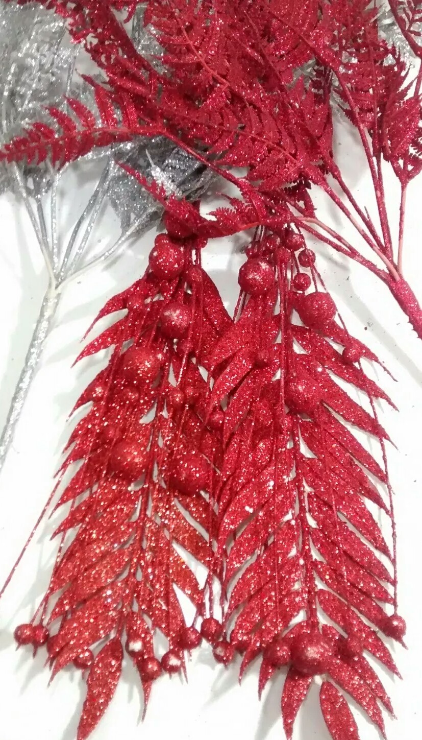 Set Of 6 Mixed Metallic Glitter Red & Silver Berry Sprays Floral Decoration