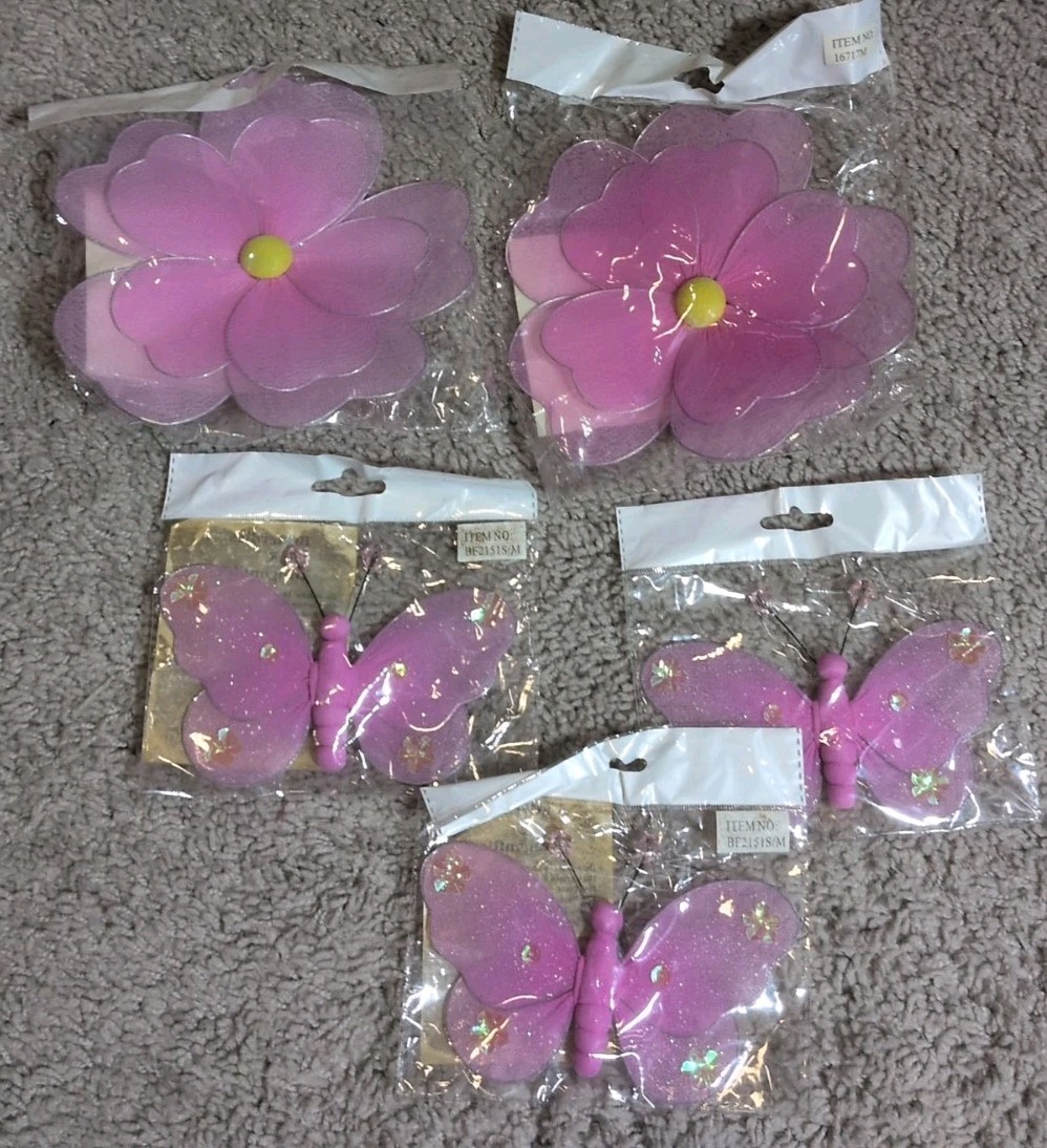 Pink Flowers & Pink Butterflies Decorative Hand Painted Nylon Piece Lot Of 5 NEW