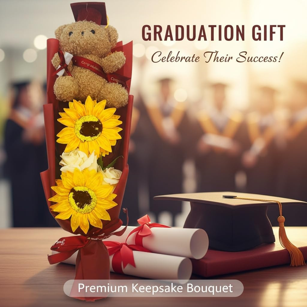 2026 13″ Graduation Bear Bouquet Rose Sunflower Scented Soap Flower Bouquet Mini