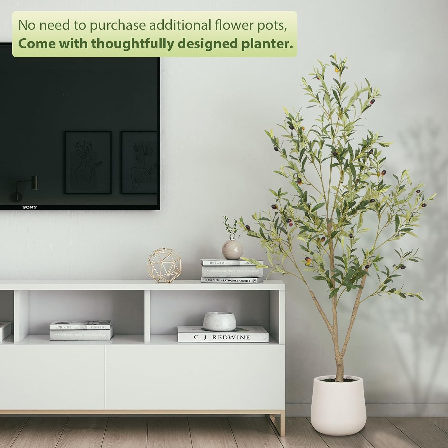 Olive Trees Artificial Indoor 7FT Tall Faux Olive Tree W/ White Tall Planter
