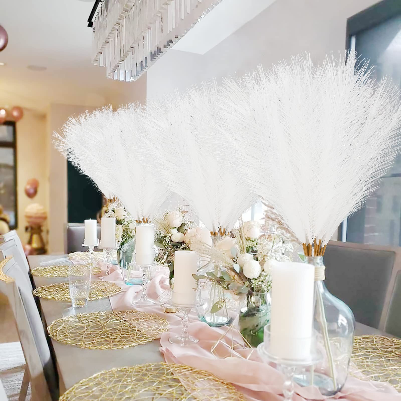 50pcs White Faux Pampas Grass Decor, 21.6″ Short Artificial Pompous Grass Flo…