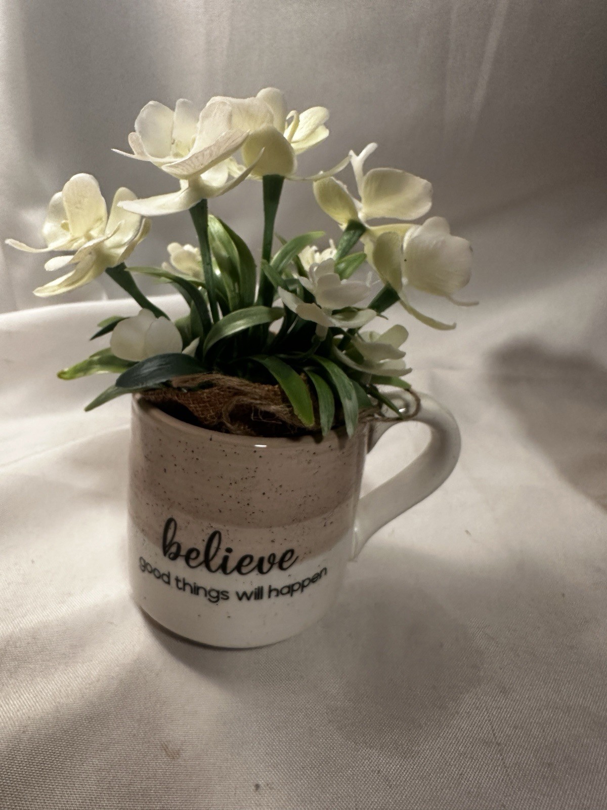 White Flowers Tan/White Pottery Mug Believe Good Things Will Happen