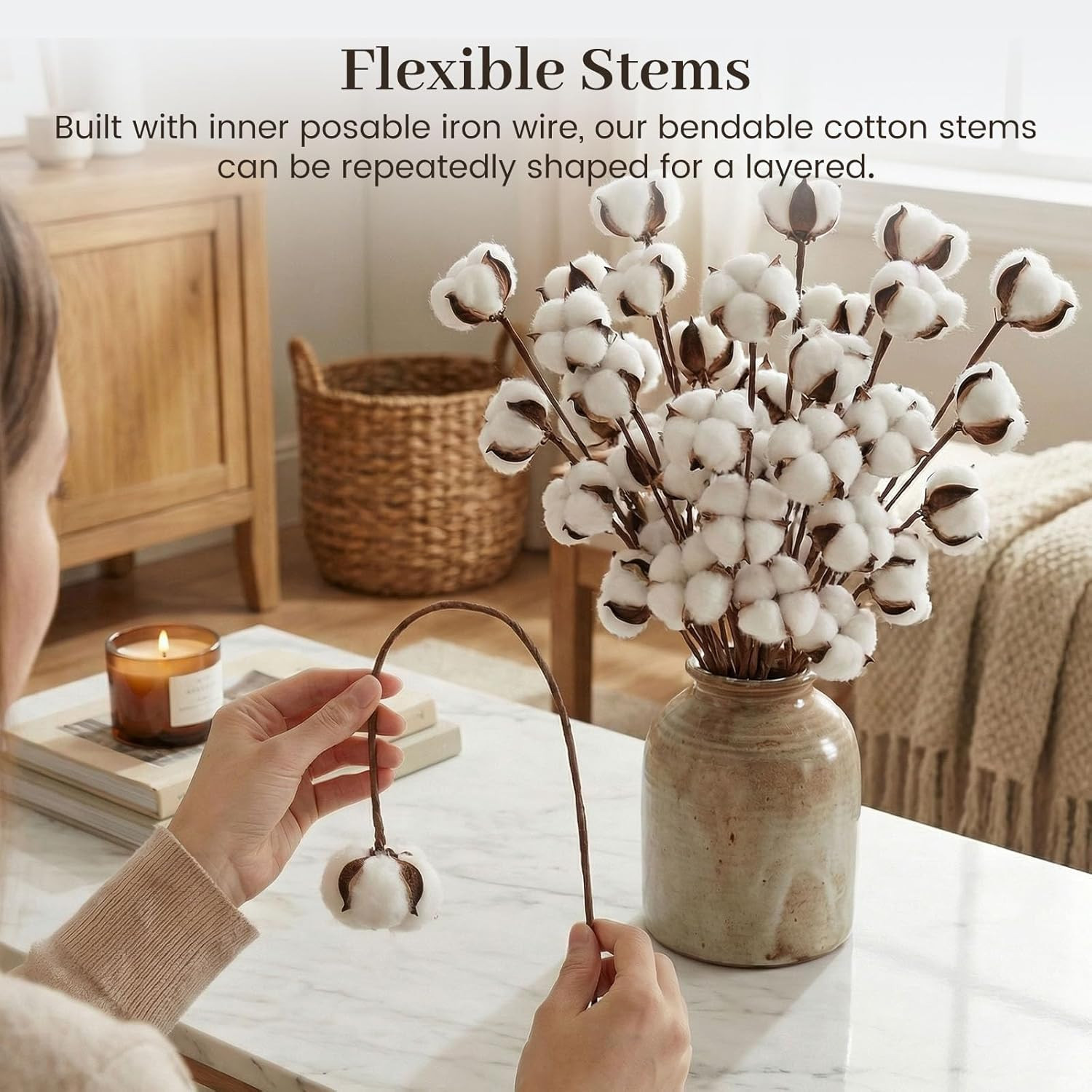 30PCS Natural Dried Cotton Stems 16″ Tall, Rustic Cotton Sprigs for Vase Fillers