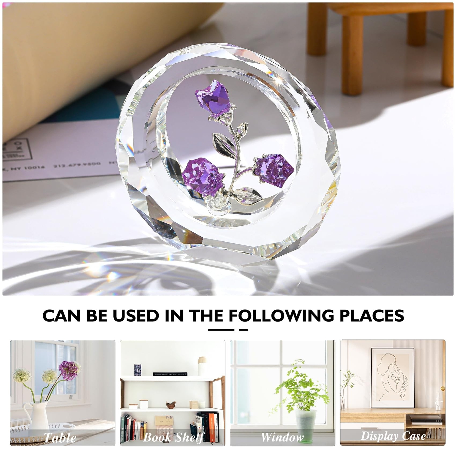 Crystal Purple Rose Bouquet Figurines Glass Flowers with Stems Valentines Ann…