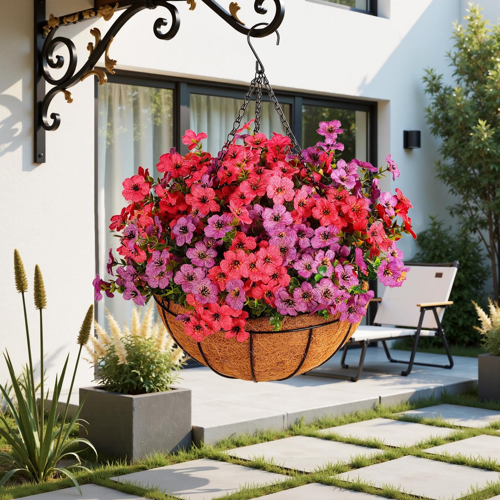 Artificial Outdoors Flowers with Hanging Basket, UV Resistant Fake Hanging Fl…