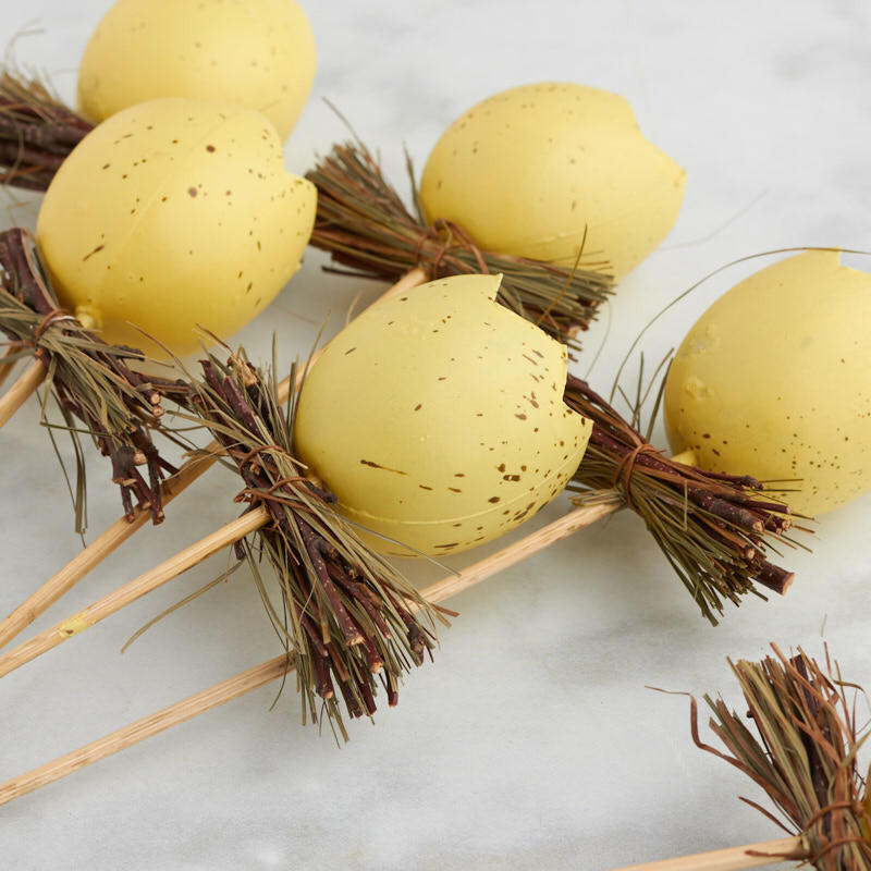 Set of 12 Yellow Artificial Cracked Eggs and Twig 10″ Floral Picks