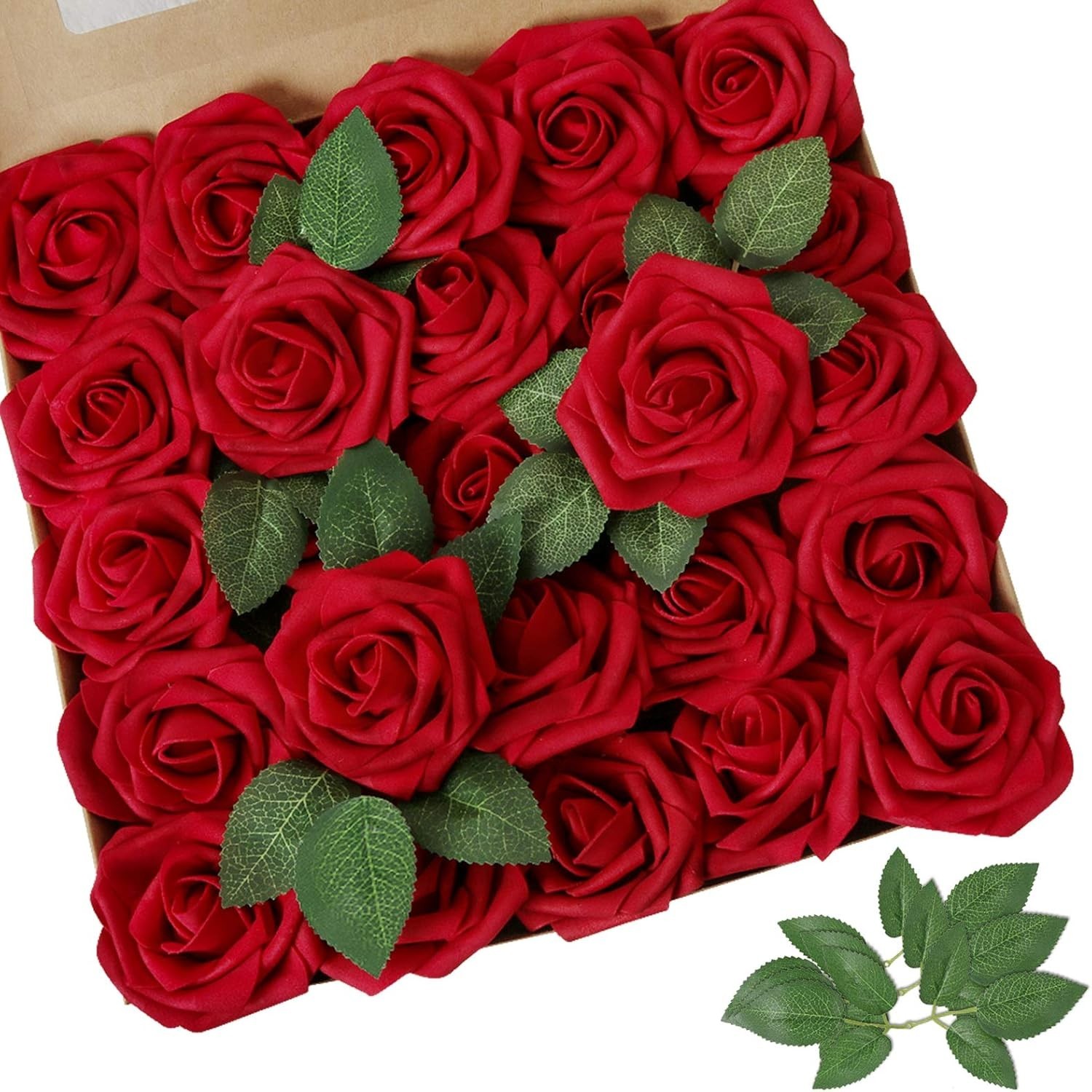 Artificial Flowers Dark Red Rose 25pcs Real Looking Fake Roses w/Stem for DIY…