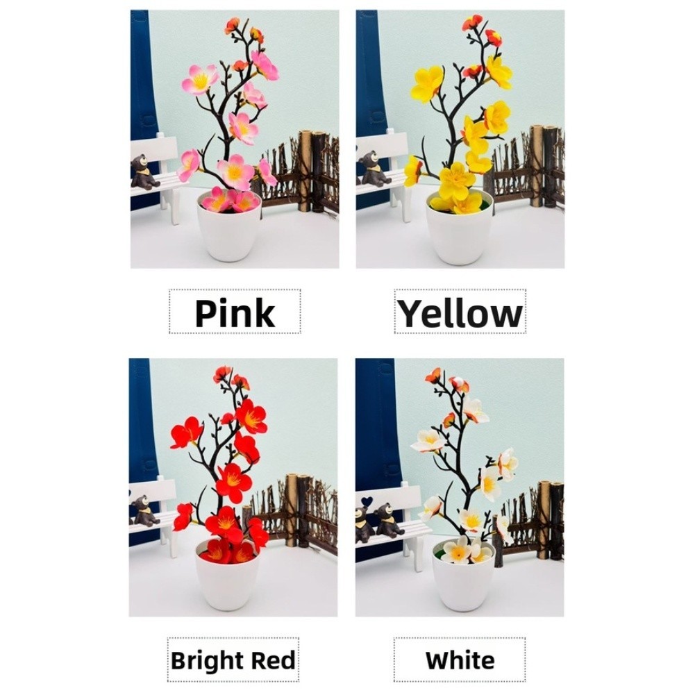 Plastic Artificial Bonsai with Mixed Color Plum Blossoms for Desk Centerpiece