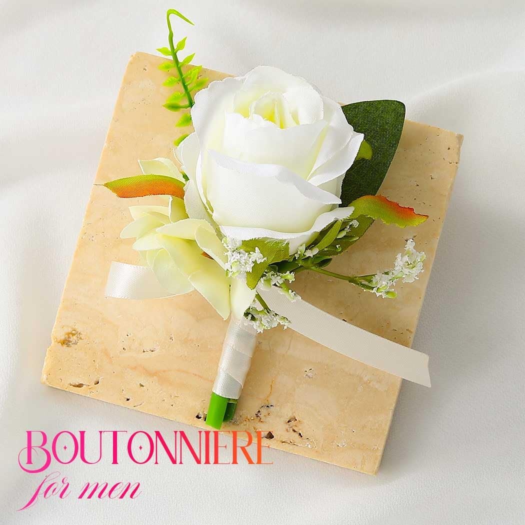 White Rose Artificial Flowers Boutonniere For Men Groom Wedding Prom