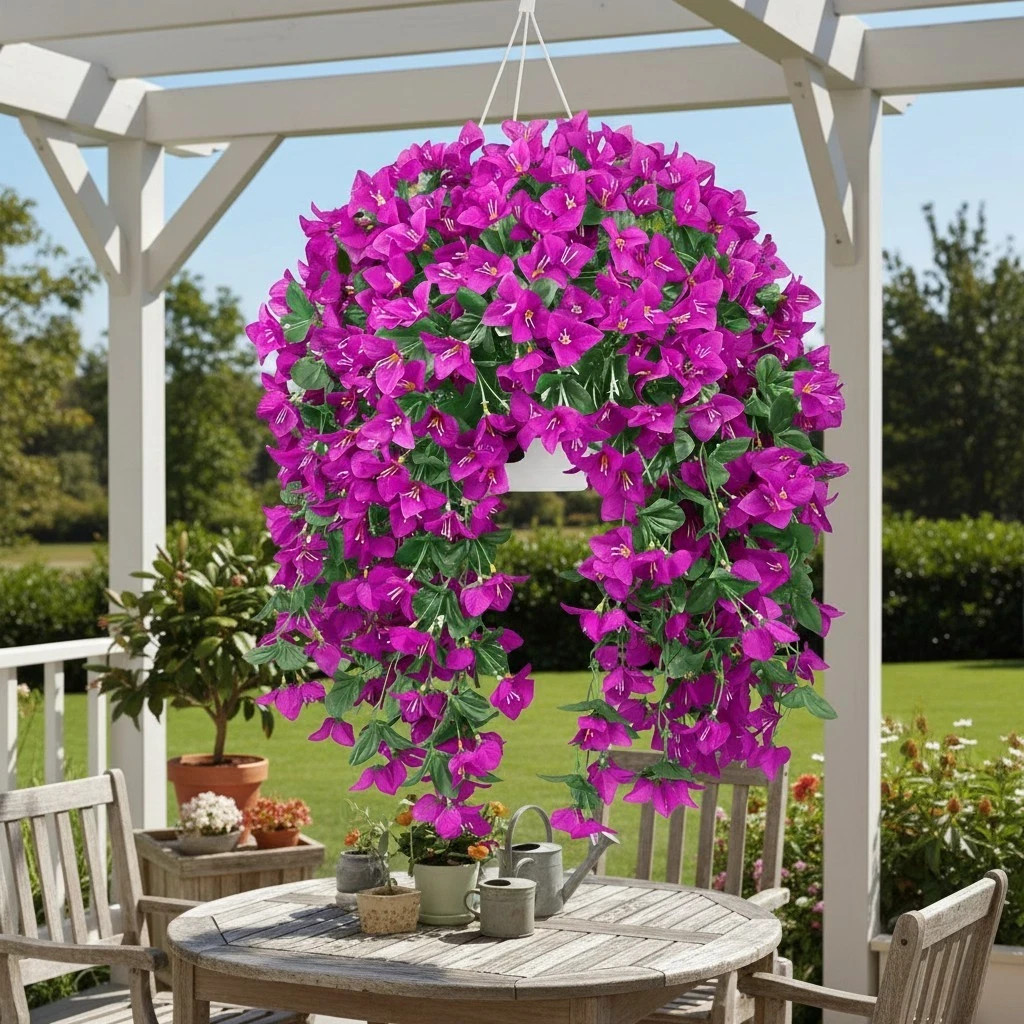 3pcs Bougainvillea Hanging Flower Basket Artificial Silk Outdoor Porch Decor