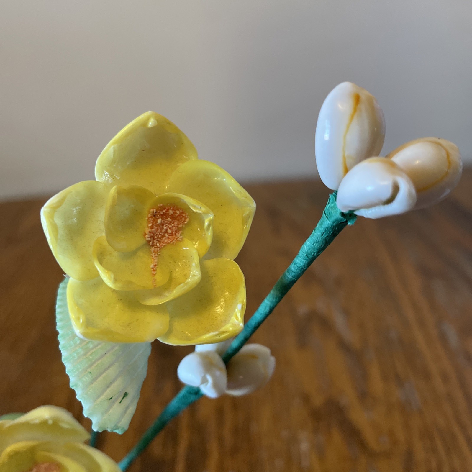 Vintage Handmade Sea Shell Bouquet of Yellow Flowers Floral Arrangement Kitsch